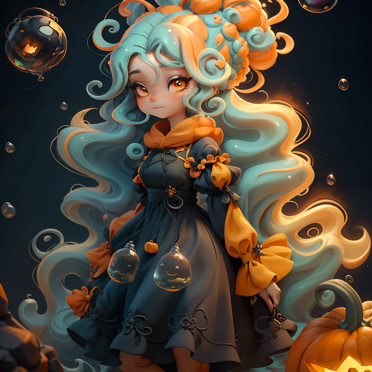 menina lama, (lama), bruxa, fofa, bubbling cauldron, Slime hair Penteado duplo buns estilo de cabelo, Orange Pumpkin, Vestido branco da princesa com cinto da arma, master part, best quality