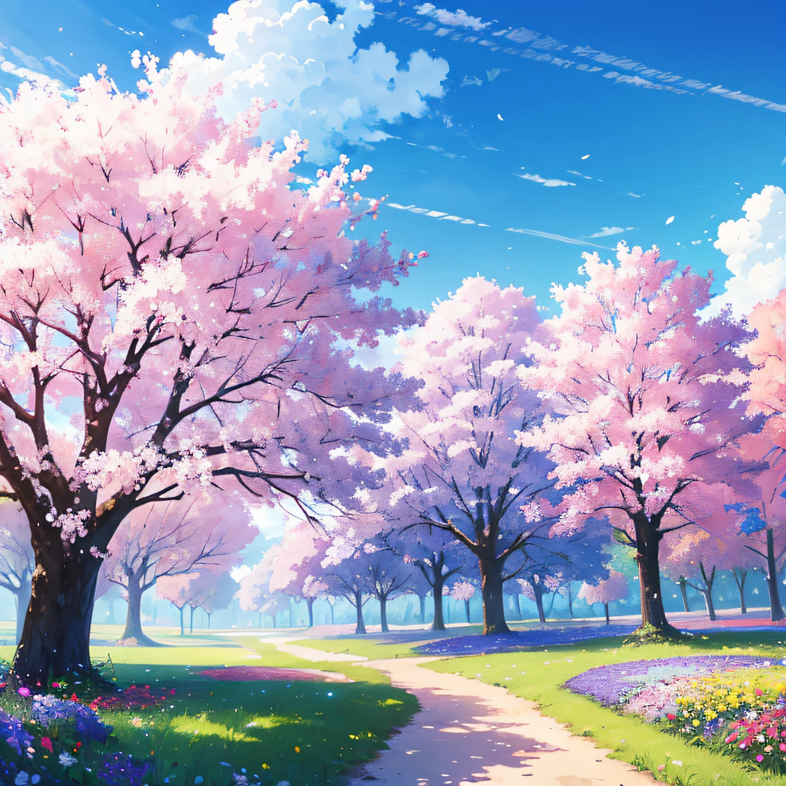 spring Background anime, colorful flowers, blooming flowers, 4K HDR, Maximum quality, extremely detailed, blue sky, background art