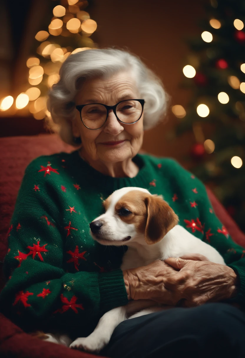 An old woman sitting on a cozy chair, cuddling her small dog dressed in a festive Christmas sweater, both wearing joyful expressions