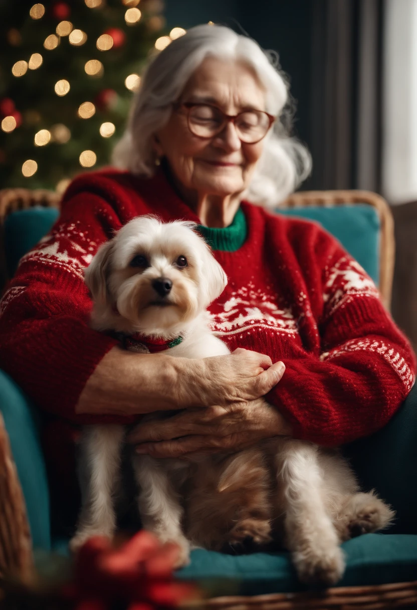 An old woman sitting on a cozy chair, cuddling her small dog dressed in a festive Christmas sweater, both wearing joyful expressions