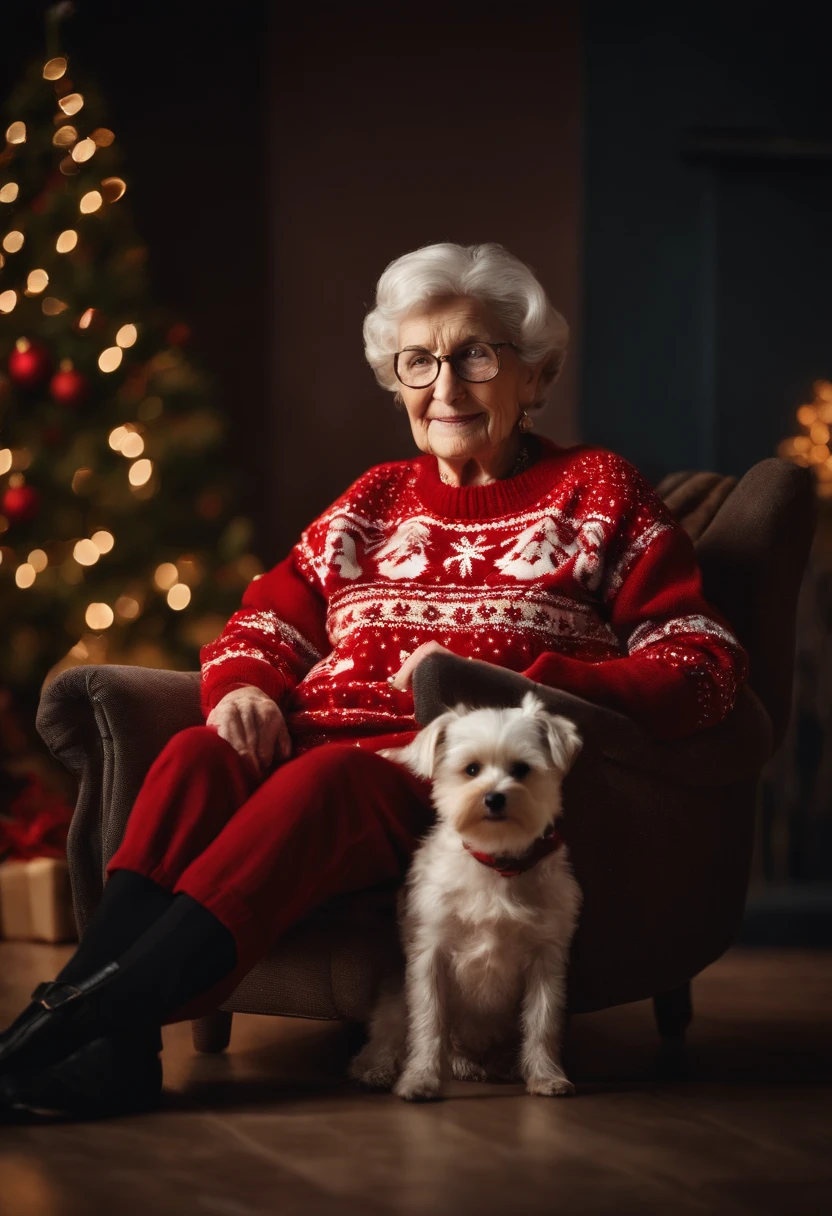 An old woman sitting on a cozy chair, cuddling her small dog dressed in a festive Christmas sweater, both wearing joyful expressions