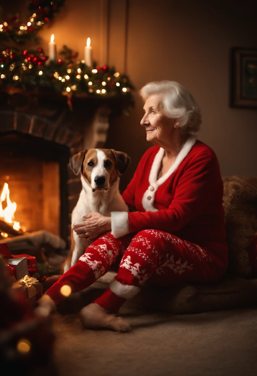 A high-resolution image of an old woman and her dog in matching Christmas pajamas, sitting by a beautifully decorated fireplace, with stockings hung above