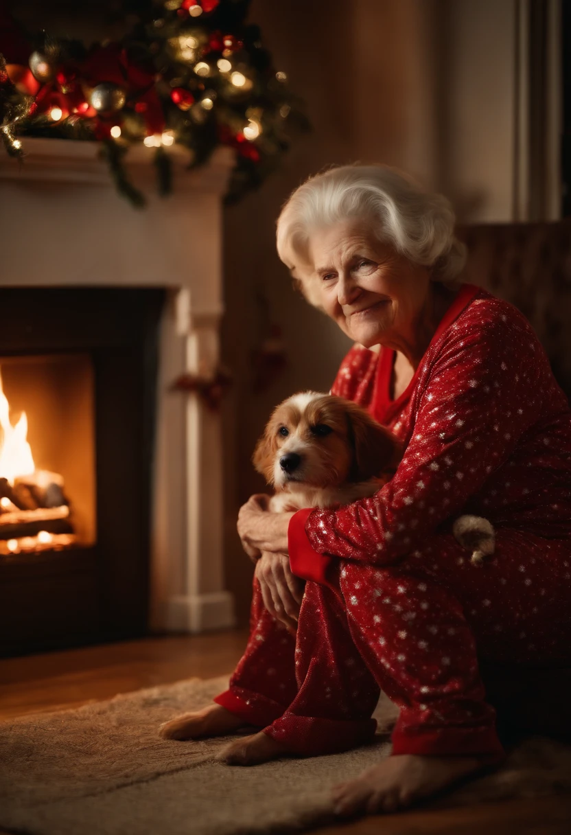 A high-resolution image of an old woman and her dog in matching Christmas pajamas, sitting by a beautifully decorated fireplace, with stockings hung above