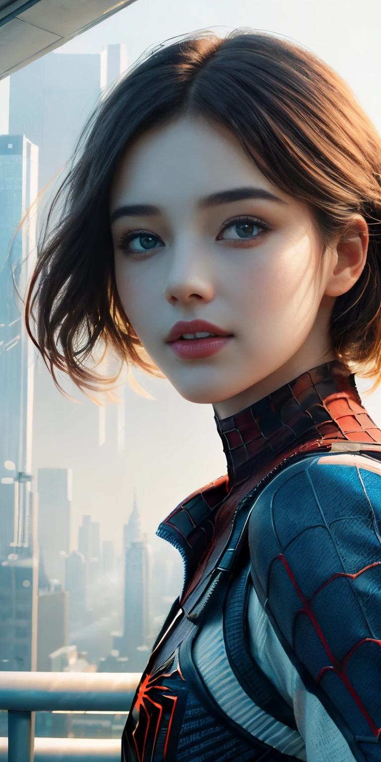 (1girl:1.3), Solo, (((Very detailed face)))), ((Very detailed eyes and face)))), Beautiful detail eyes, Body parts__, Official art, Unified 8k wallpaper, Super detailed, beautiful and beautiful, beautiful, masterpiece, best quality, original, masterpiece, super fine photo, best quality, super high resolution, realistic realism, sunlight, full body portrait, amazing beauty, dynamic pose, delicate face, vibrant eyes, (from the front), She wears Spider-Man suit, red and black color scheme, spider, very detailed city roof background, rooftop, overlooking the city, detailed face, detailed complex busy background, messy, gorgeous, milky white, highly detailed skin, realistic skin details, visible pores, clear focus, volumetric fog, 8k uhd, DSLR, high quality, film grain, fair skin, photo realism, lomography, futuristic dystopian megalopolis, translucent