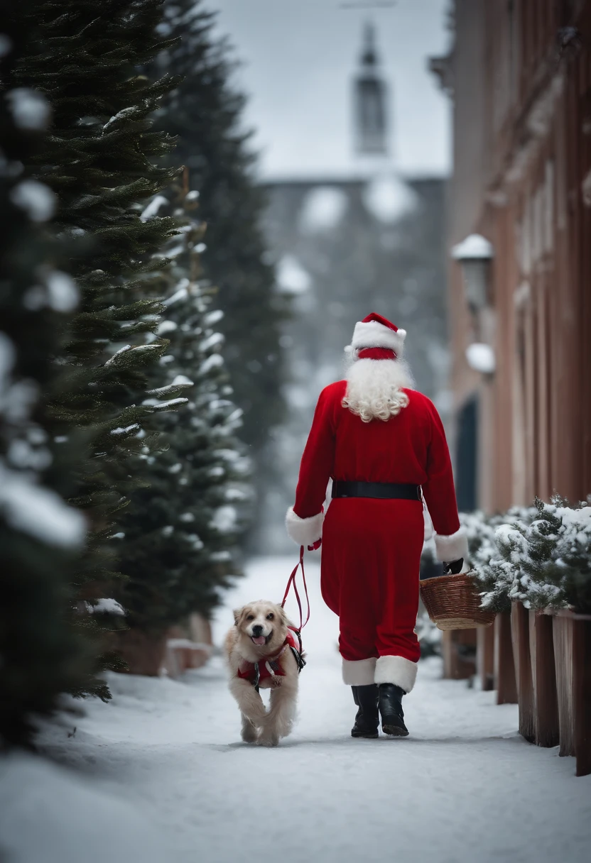An old woman walking her dog dressed as Santa Claus, complete with a red suit, white beard, and a miniature sleigh attached to the dog’s harness.