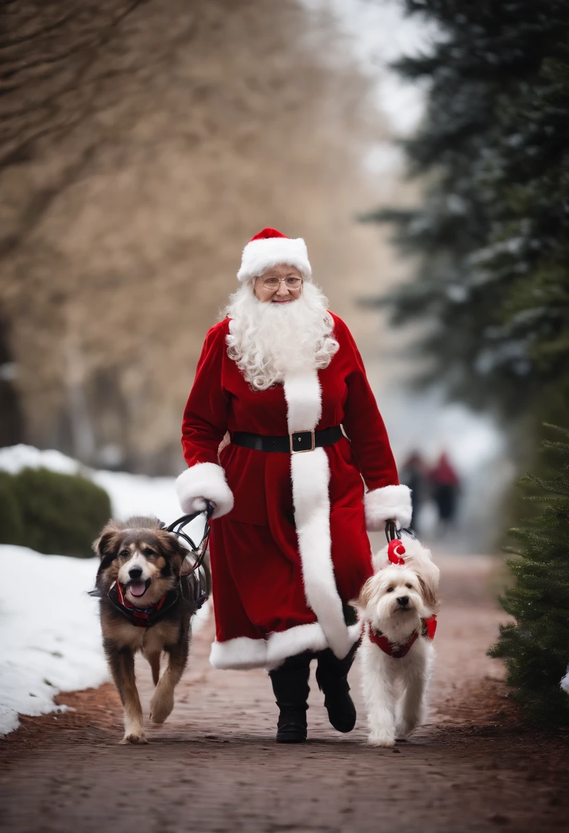 An old woman walking her dog dressed as Santa Claus, complete with a red suit, white beard, and a miniature sleigh attached to the dog’s harness.