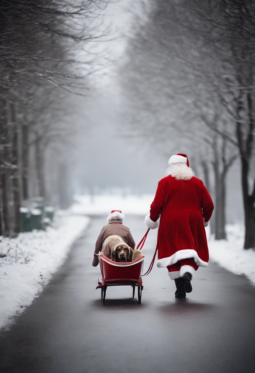 An old woman walking her dog dressed as Santa Claus, complete with a red suit, white beard, and a miniature sleigh attached to the dog’s harness.