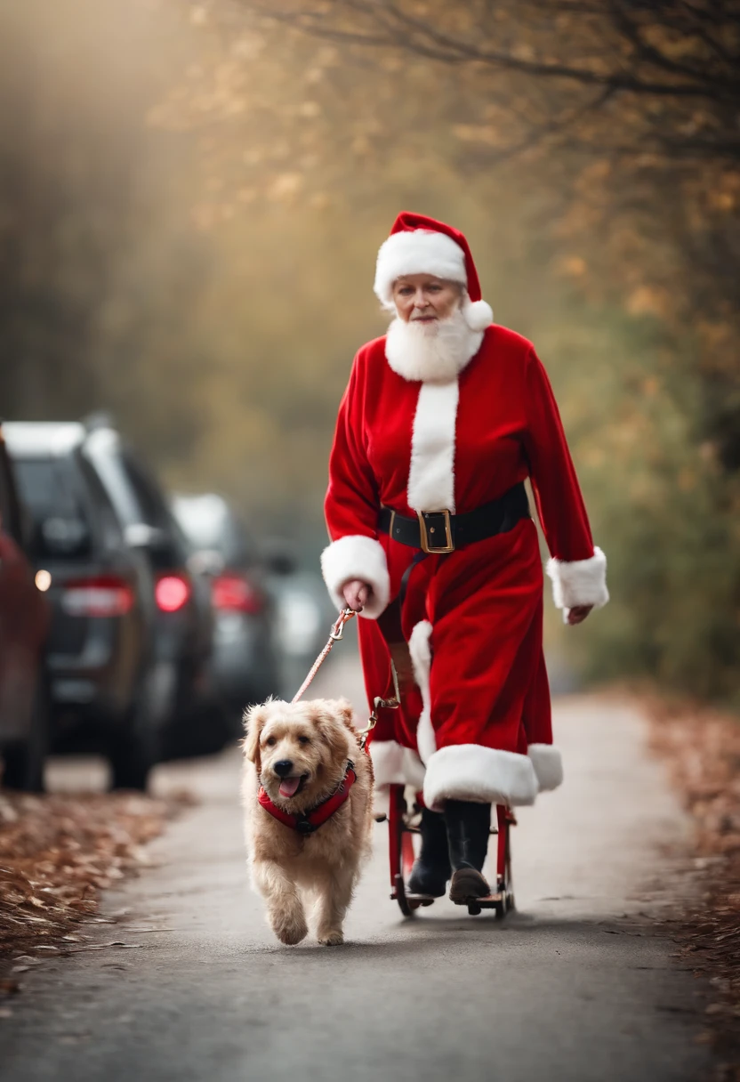 An old woman walking her dog dressed as Santa Claus, complete with a red suit, white beard, and a miniature sleigh attached to the dog’s harness.