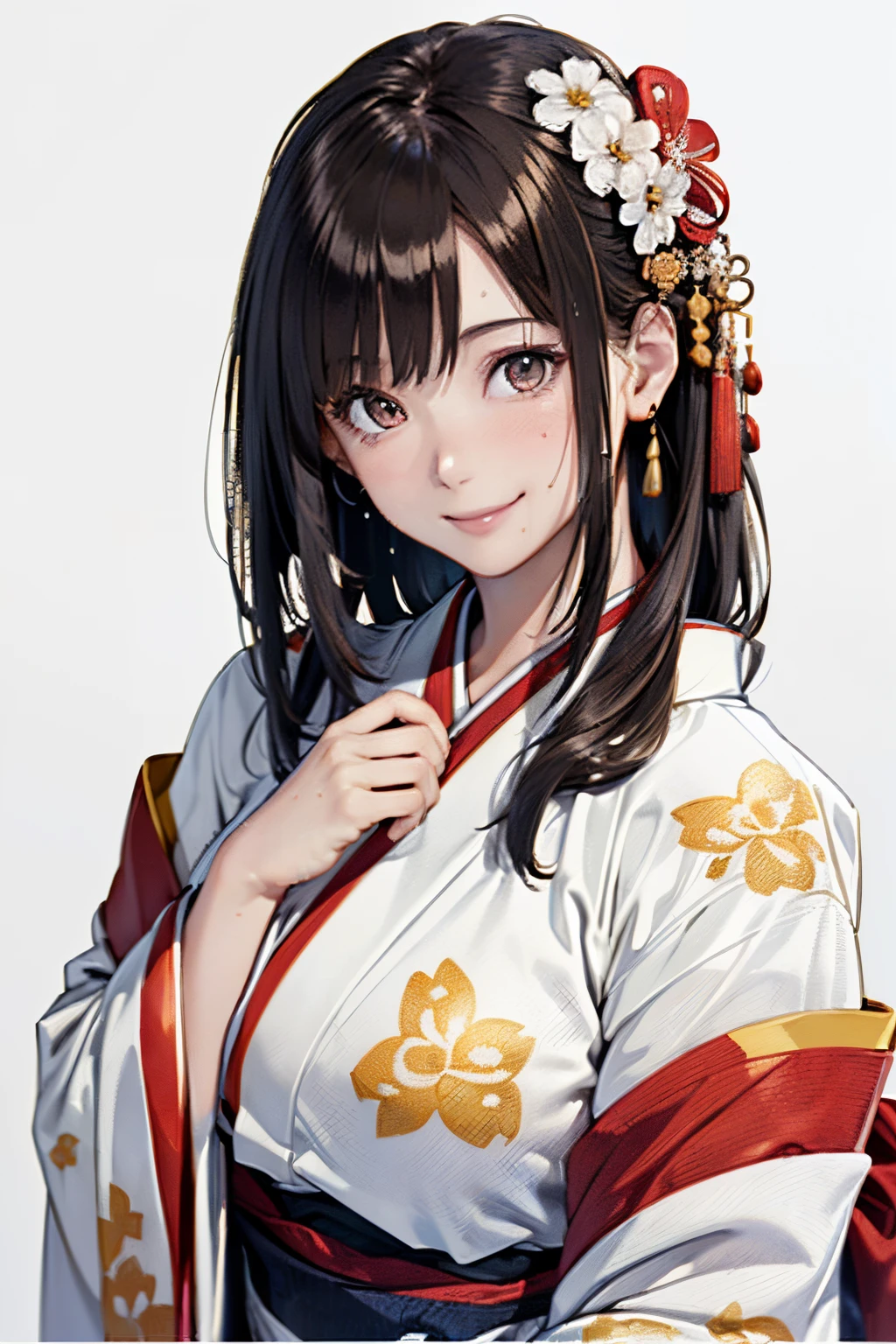 (((The subject is up to the top of the head)))、(Best Quality, 8K, Oil Painting, masutepiece:1.2), Ultra-detailed, (Realistic, Photorealistic:1.37), (((FULL BODYSHOT)))、Vibrant colors, (((My face is sweaty)))、(((I&#39;m wearing a furisode)))、(((Fashionable hairstyles)))、(((２０Women of a certain age)))、(((It is a Japanese pattern kimono.)))、(((Wearing a luxurious long-sleeved kimono)))、(((slightly smaller breasts)))、 (((Dark hair)))、(((Shoulder-length bob hair)))、((( White background))), (((delighted expression)))、(((A smile)))、(((Girly Hairstyles)))、(((bobhair)))、(((In front of a white wall)))、(((Nothing on the top of the head)))、