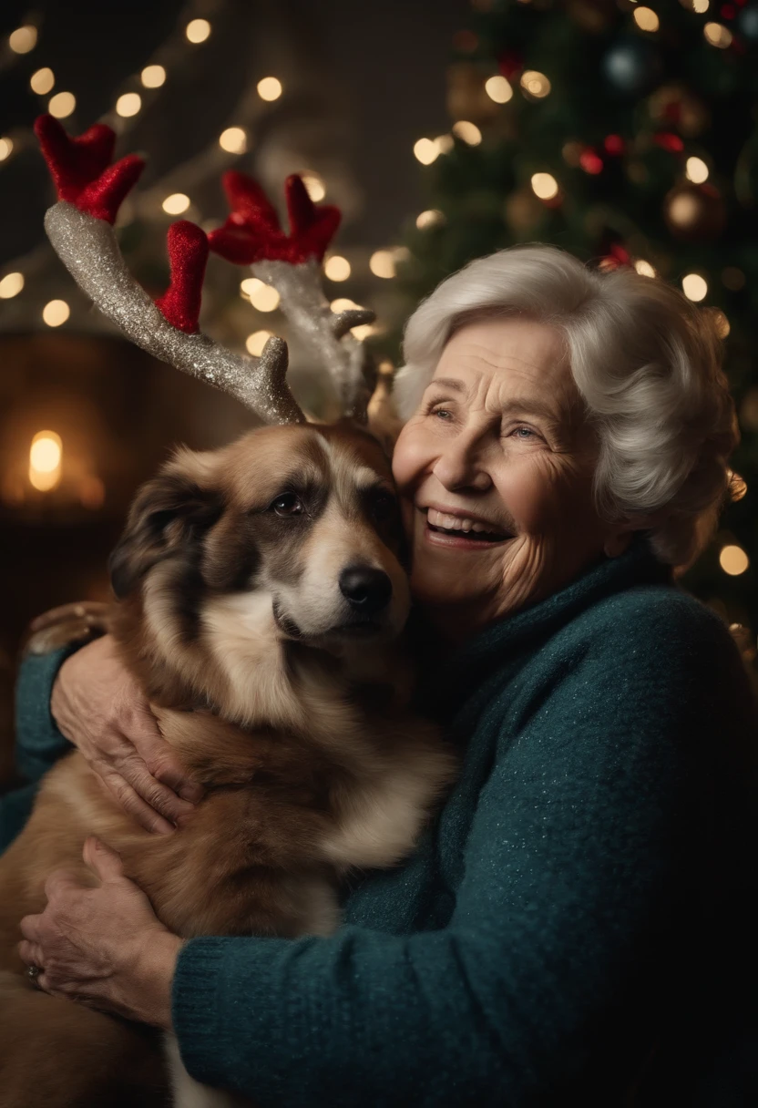 A detailed shot of an old woman holding her dog in her arms, both wearing reindeer antlers and a big smile, surrounded by Christmas decorations.