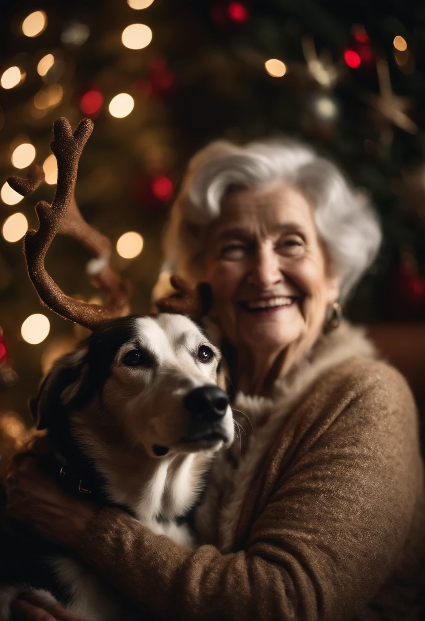 A detailed shot of an old woman holding her dog in her arms, both wearing reindeer antlers and a big smile, surrounded by Christmas decorations.