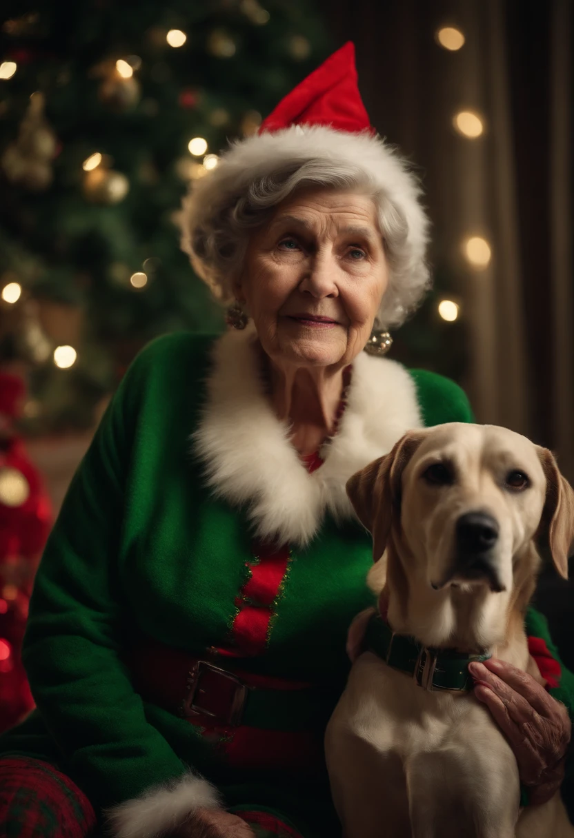 An old woman and her dog wearing matching elf costumes, with the dog perched on her shoulder, ready to spread holiday cheer.