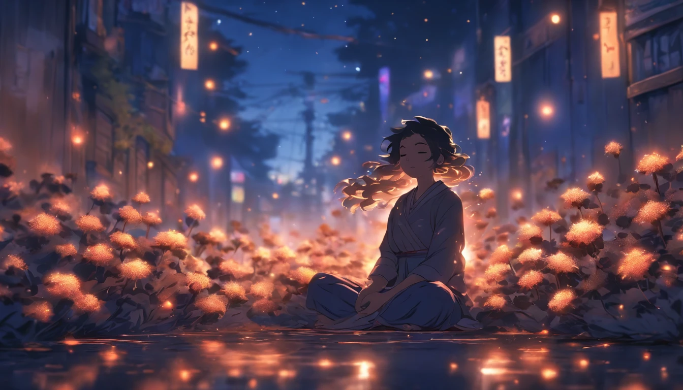 a girl meditating on a street, with dried and black flowers, at night, (best quality, highres), vibrant colors, (dark and mysterious), soft lighting