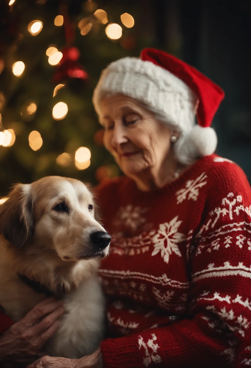 A close-up image of an old woman and her dog in Christmas-themed knitted sweaters, capturing the intricate design and cozy feel of the outfits.