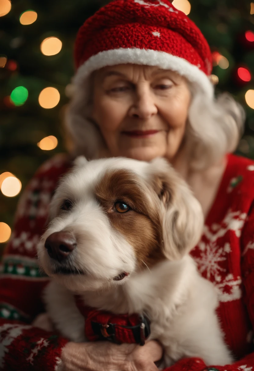 A close-up image of an old woman and her dog in Christmas-themed knitted sweaters, capturing the intricate design and cozy feel of the outfits.