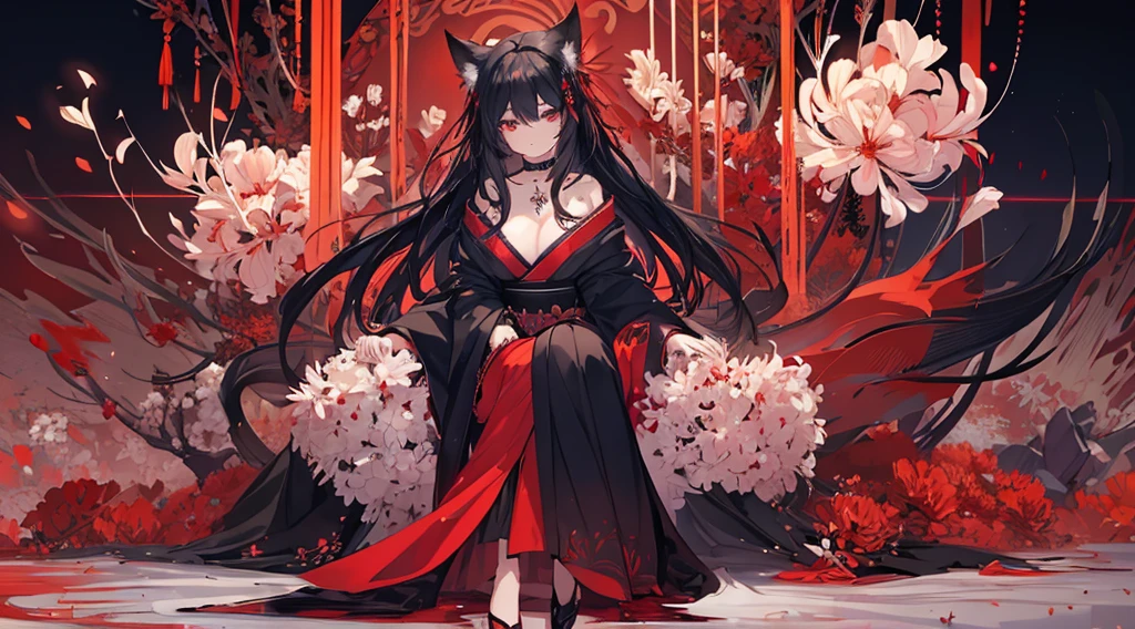 (extremely detailed CG unity 8k wallpaper), (((ultra-detailed))), ((extremely detailed)), (((best illustration))), best illumination, ((extremely delicate and beautiful)), ((an extremely delicate and beautiful girl)), colorful, lycoris radiata, (manjusaka:1.1), red flower field, (((colorful flowers))), ((1 girl, solo)), {{finely detailed beautiful eyes and detailed face}}, sad expression, sad smile, long hair, (((black hair))), red eyes, beautiful detailed eyes, mature female, gentle, slender, medium breast, black red fox ears, (black red fox tail), (((intricate details))), (Black and red knee-length kimono dress), medium height black boots, ((black choker with red pendent)), manjusaka/lycoris radiata birthmark on the neck, sitting, bishoujo, 19_years_old