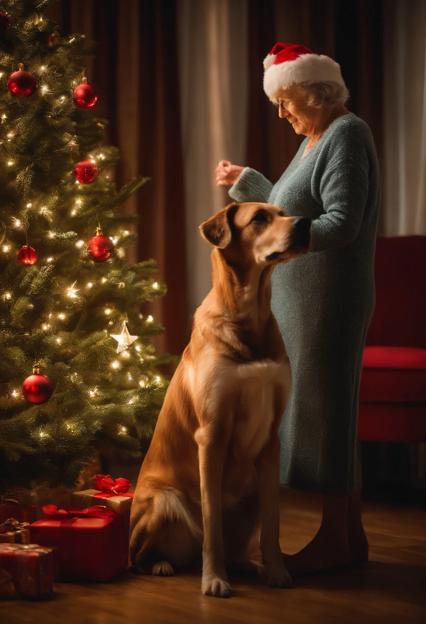 An old woman and her dog standing next to a beautifully decorated Christmas tree, both wearing Santa hats and enjoying the festive atmosphere.