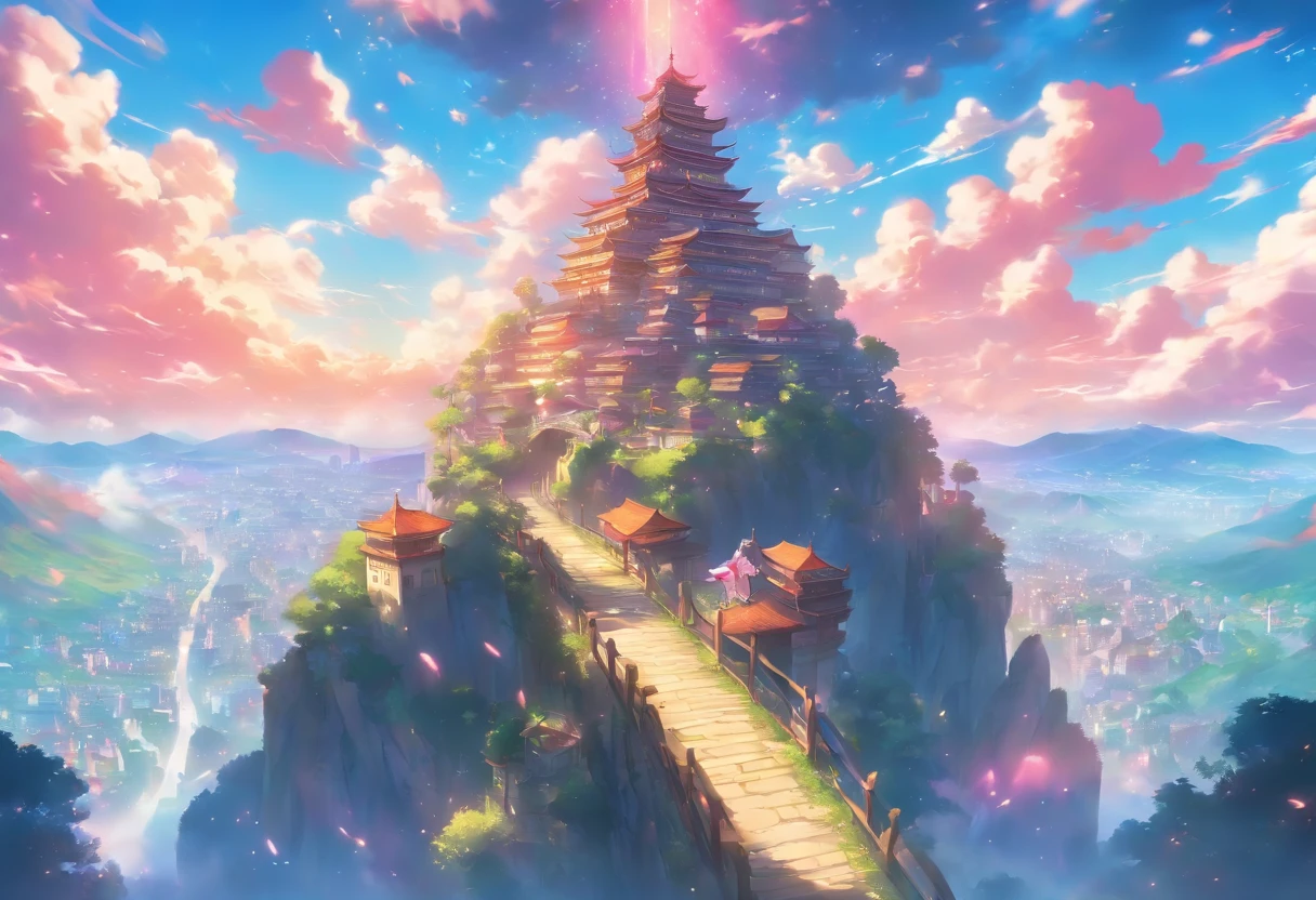 Setting: A massive clearing showcasing a captivating view of a massive and angelic town. View taken from a cliffside with wooden railings.

Background:

Sky: Fantasy-like, Anime-like, vivid.

Atmosphere: Amazing composition, blue, pink, and purple and yellow shades, allow them to blend in with the surroundings and each other to give the scene a magical feeling.

Extras:

Angle and Depth: For a dynamic perspective, use a slightly left-tilted angle to lend depth and drama to the scene. Also, use an extreme-long shot as well.

Quality and Composition: Ensure the final piece is of high quality, resembling a masterpiece. The composition should be balanced and incredible, drawing the viewer's eye across the entire scene, from the fantasy-like sky, through the view, and finally resting on the town below.
Final Touches: Correct proportions. Establishing shot. Beautiful and wondrous fantasy scenery, digital art, artstation, {8k high res masterpiece}, vibrant colored background, glowify, no people, clear to see.
