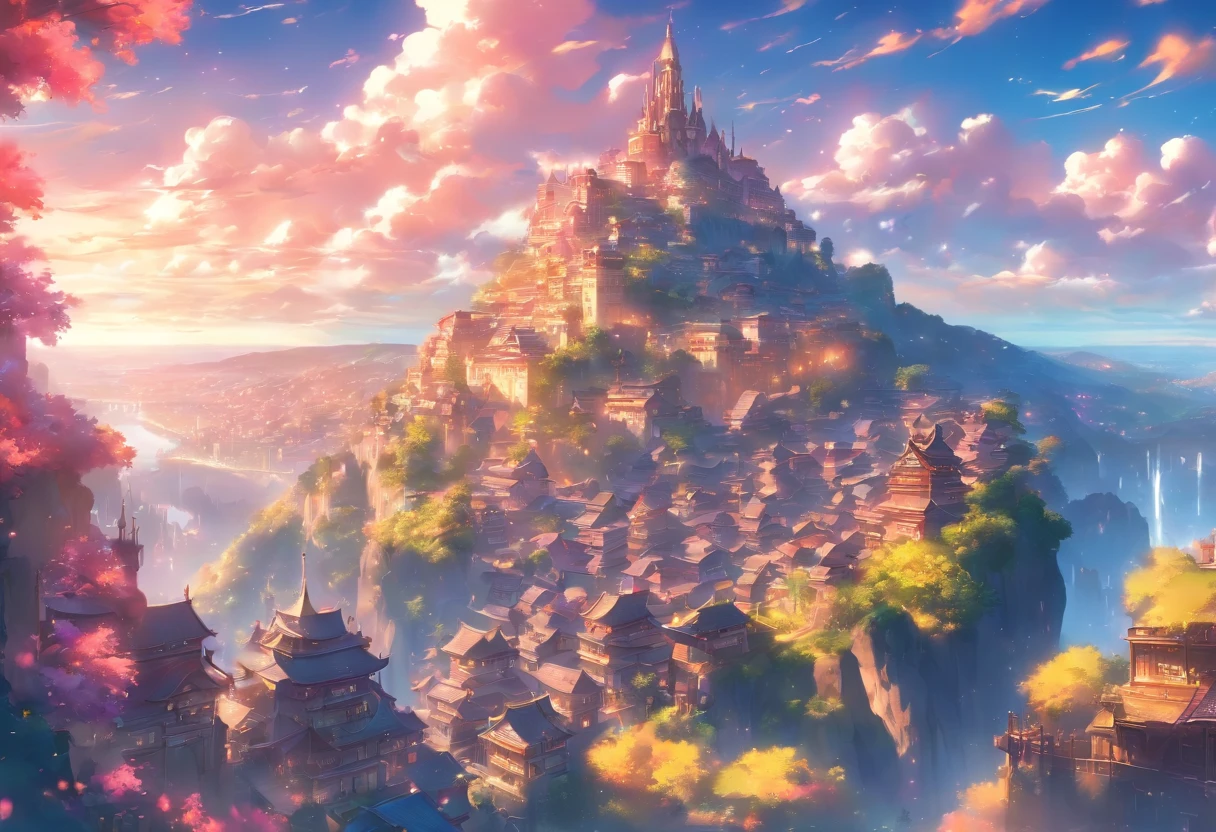 Setting: A massive clearing showcasing a captivating view of a massive and angelic town. View taken from a cliffside with wooden railings.
Background:
Sky: Fantasy-like, Anime-like, vivid.
Atmosphere: Amazing composition, blue, pink, and purple and yellow shades, allow them to blend in with the surroundings and each other to give the scene a magical feeling.
Extras:
Angle and Depth: For a dynamic perspective, use a slightly left-tilted angle to lend depth and drama to the scene. Also, use an extreme-long shot as well.
Quality and Composition: Ensure the final piece is of high quality, resembling a masterpiece. The composition should be balanced and incredible, drawing the viewer's eye across the entire scene, from the fantasy-like sky, through the view, and finally resting on the town below.
Final Touches: Correct proportions. Establishing shot. Beautiful and wondrous fantasy scenery, digital art, artstation, {8k high res masterpiece}, vibrant colored background, glowify, no people, clear to see.