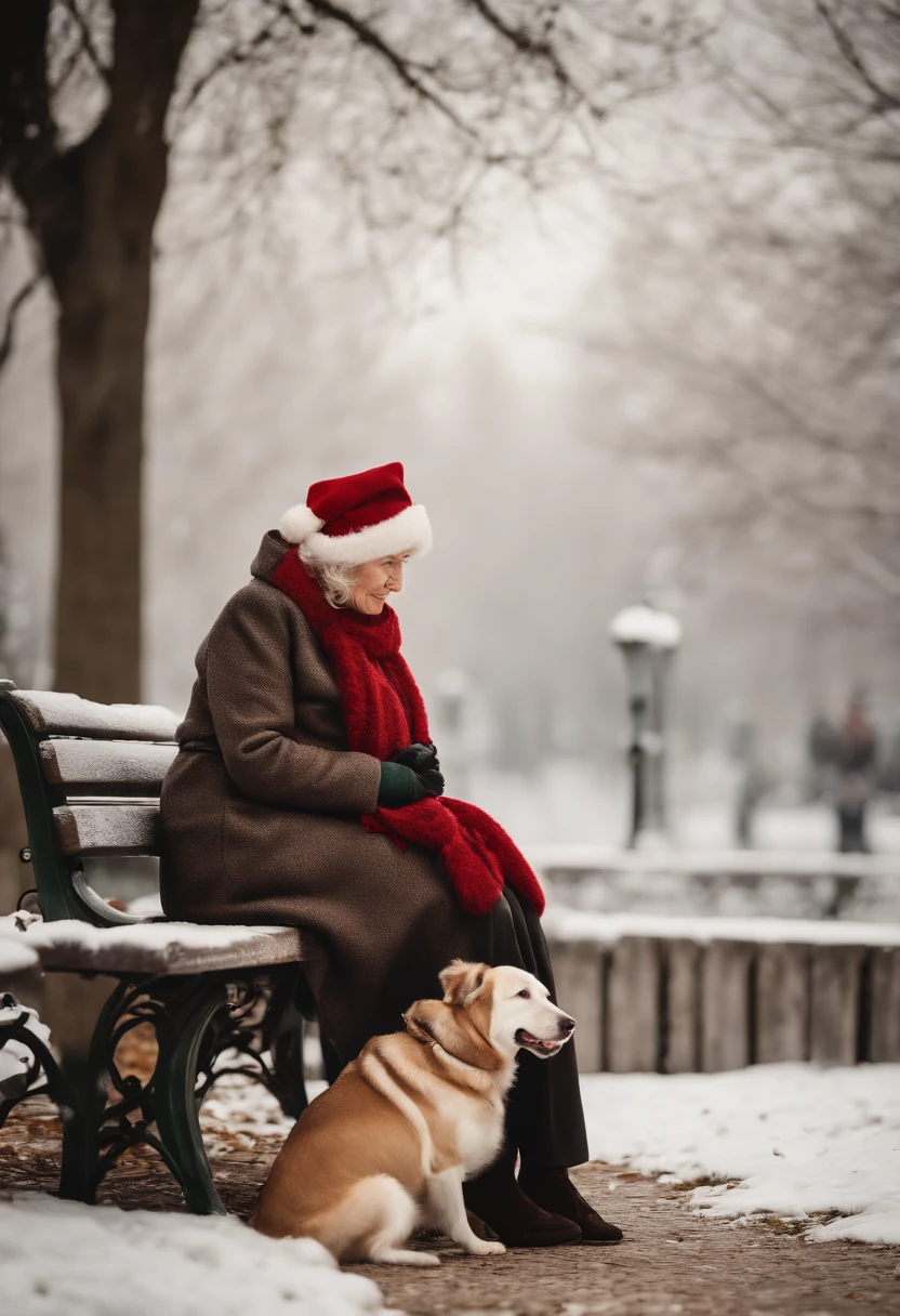 A high-resolution photograph of an old woman and her dog sitting on a bench in a snowy park, both dressed in warm winter coats and Christmas accessories.