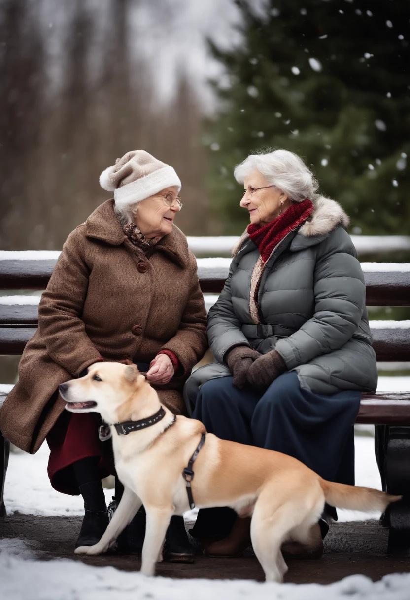 A high-resolution photograph of an old woman and her dog sitting on a bench in a snowy park, both dressed in warm winter coats and Christmas accessories.