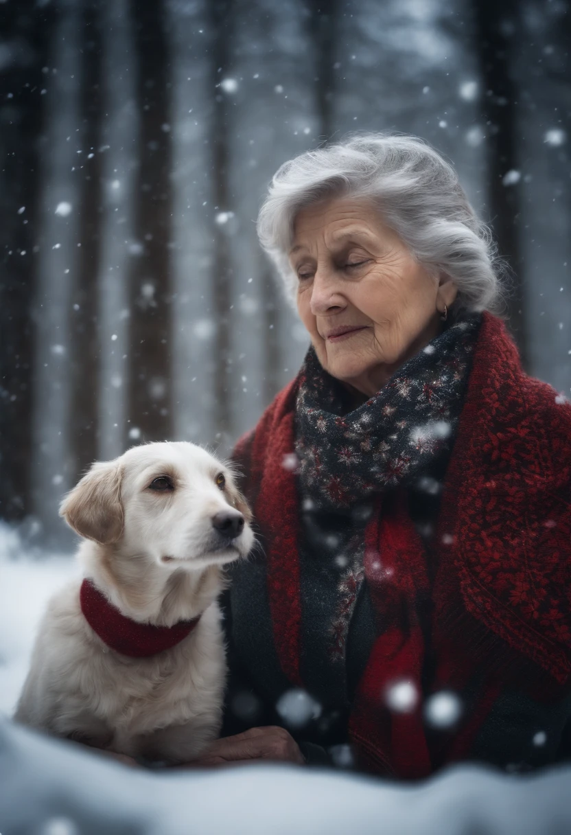 A detailed shot of an old woman and her dog wearing matching Christmas scarves, with snowflakes gently falling around them, creating a magical winter scene.