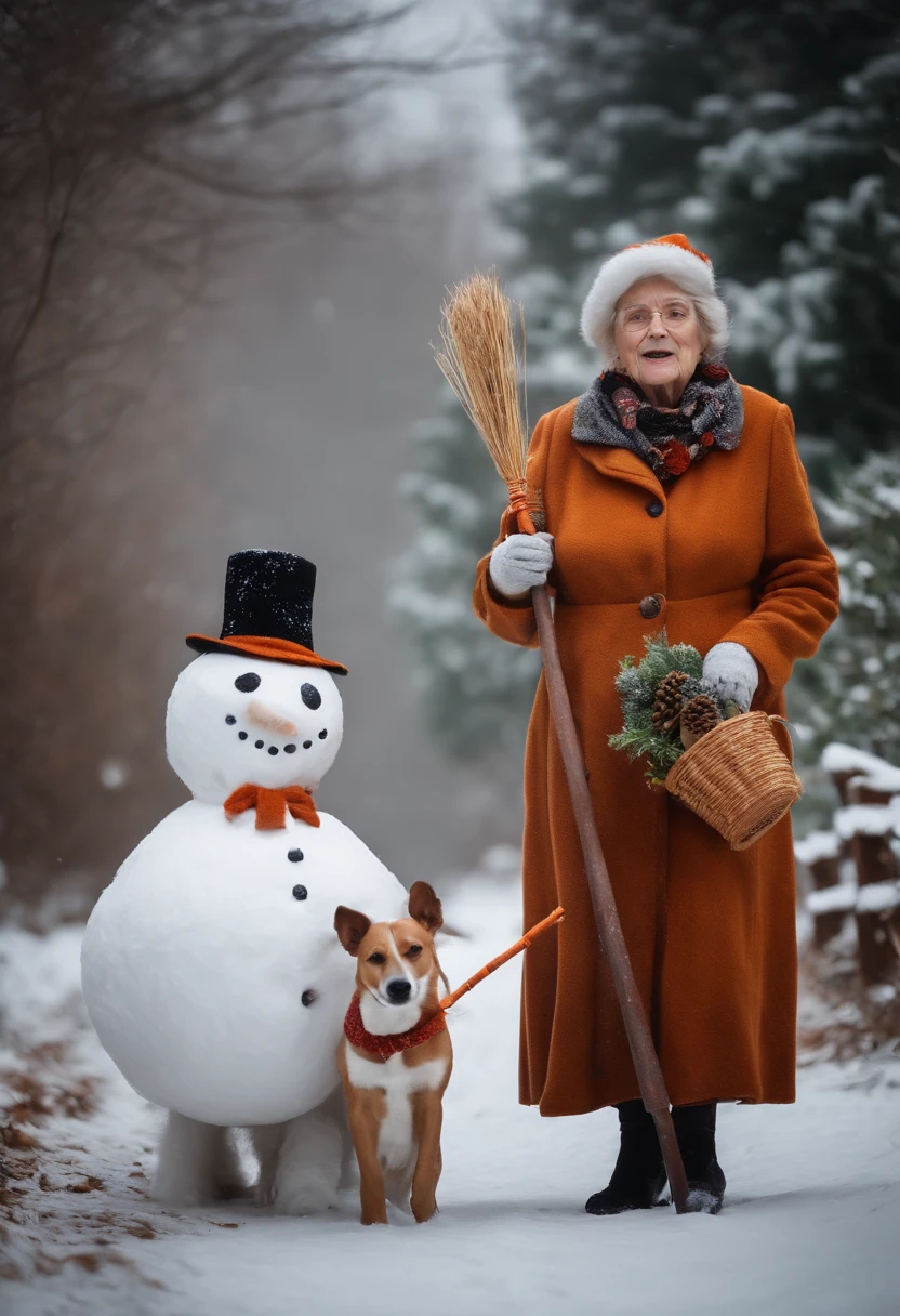 An old woman and her dog dressed as snowmen, with the dog wearing a carrot nose and the woman holding a broomstick, adding a whimsical touch to their holiday attire