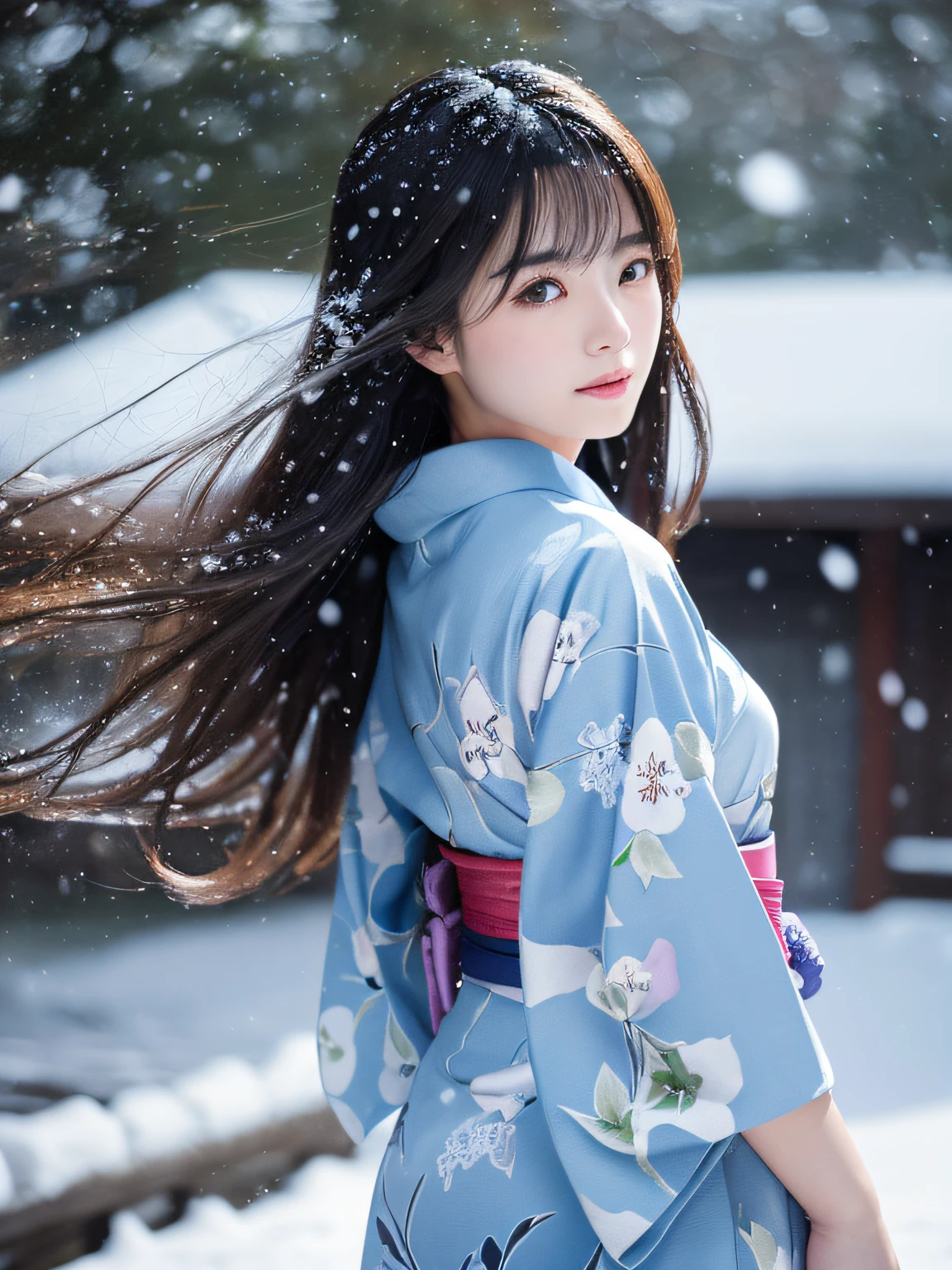 (Kimono)、、(top-quality,​masterpiece:1.3,超A high resolution,),(ultra-detailliert,Caustics),(Photorealsitic:1.4,RAW shooting,)Ultra-realistic capture,A highly detailed,high-definition16Kfor human skin、 Skin texture is natural、、The skin looks healthy with an even tone、 Use natural light and color,One Woman,japanes,,kawaii,A dark-haired,Middle hair,(depth of fields、chromatic abberation、、Wide range of lighting、Natural Shading、)、、(Falling snow:1.2)、(Hair swaying in the wind:1.2)、(Snow reflects light:1.2)、(Back lighting:1)