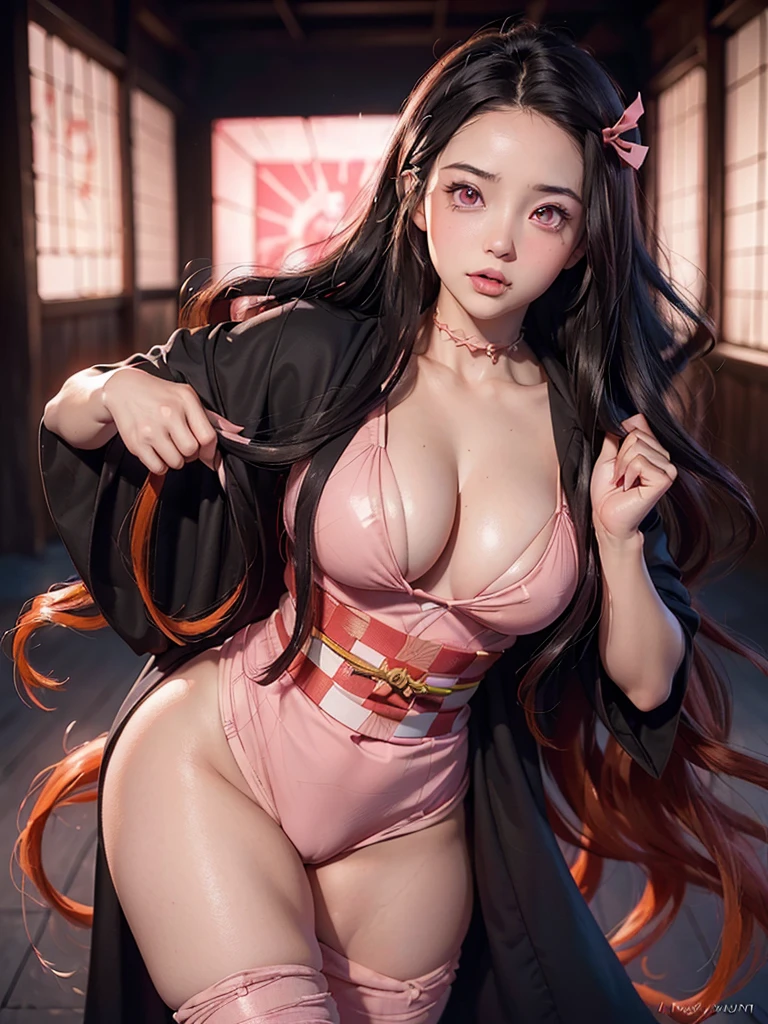 (((masterpiece))), (((hight resolution))), (((cinematic lighting))), (((Raw photography))), Nezuko, (1girl, Ultra-realistic photo of  Nezuko Kamado, a very beautiful woman, bright pink eyes, (((expression of shame, blushed face))), long black hair and orange hair tips), (((Japanese pink kimono))), Nezuko, (ultra giant breasts, huge breasts that are about to explode, showing beautiful pointy breasts, huge breasts sticking out of her clothes), based on the Demon Slayer kimetsu no yaiba), clean and detailed anime art, professional art, perfect detail, Professional photos taken up close, (((pussy juice, play with pussy, seductive pose))), outdoor,