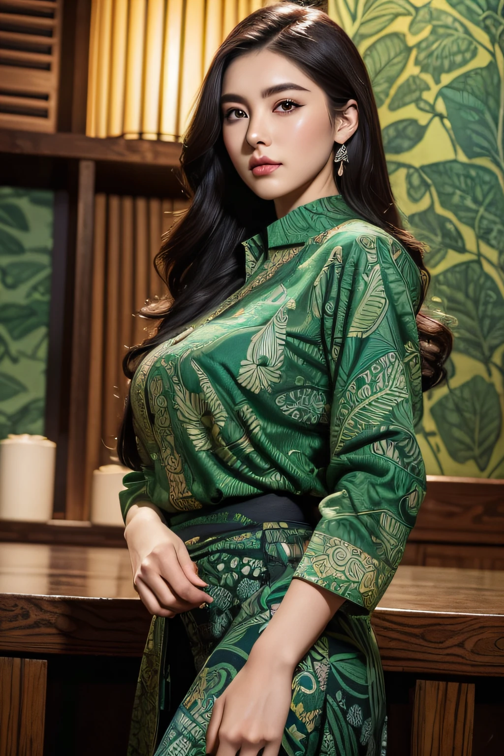 (masterpiece), (best quality), (digital painting), wide shot angle, beautiful woman, thick eyebrows, curled eyelashes, facial details, long hair, big breasts, ((green batik shirt, cloth_pattern)), repeating pattern design, (black short skirt) hips, background, shop street, highly detailed, intricate, 8k octane rendering