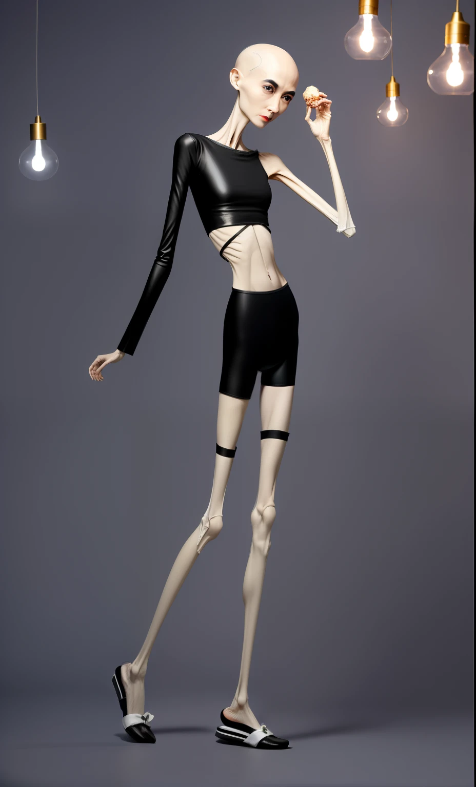 very thin adult woman，A thin body，Protruding sternum，The waist is very thin，The ribs are noticeable，Protruding ribs，The pelvic protrusion is very obvious，Pelvic width，Legs are just skin and bones，White skin of the，thin shoulde，The waist is very thin，Sunken abdomen，Delicate arms，arm muscle atrophy，leg muscle atrophy，Knees are obviously protruding，hunger，The lower abdomen is depressed，bald，Wear white leather pants，Wearing black stockings on her legs，Wear slippers，Asia face，The waist is particularly thin，angry look，Excessive weight loss，The face is sunken and thin，Severe malnutrition，hunger，Weak，anorexia