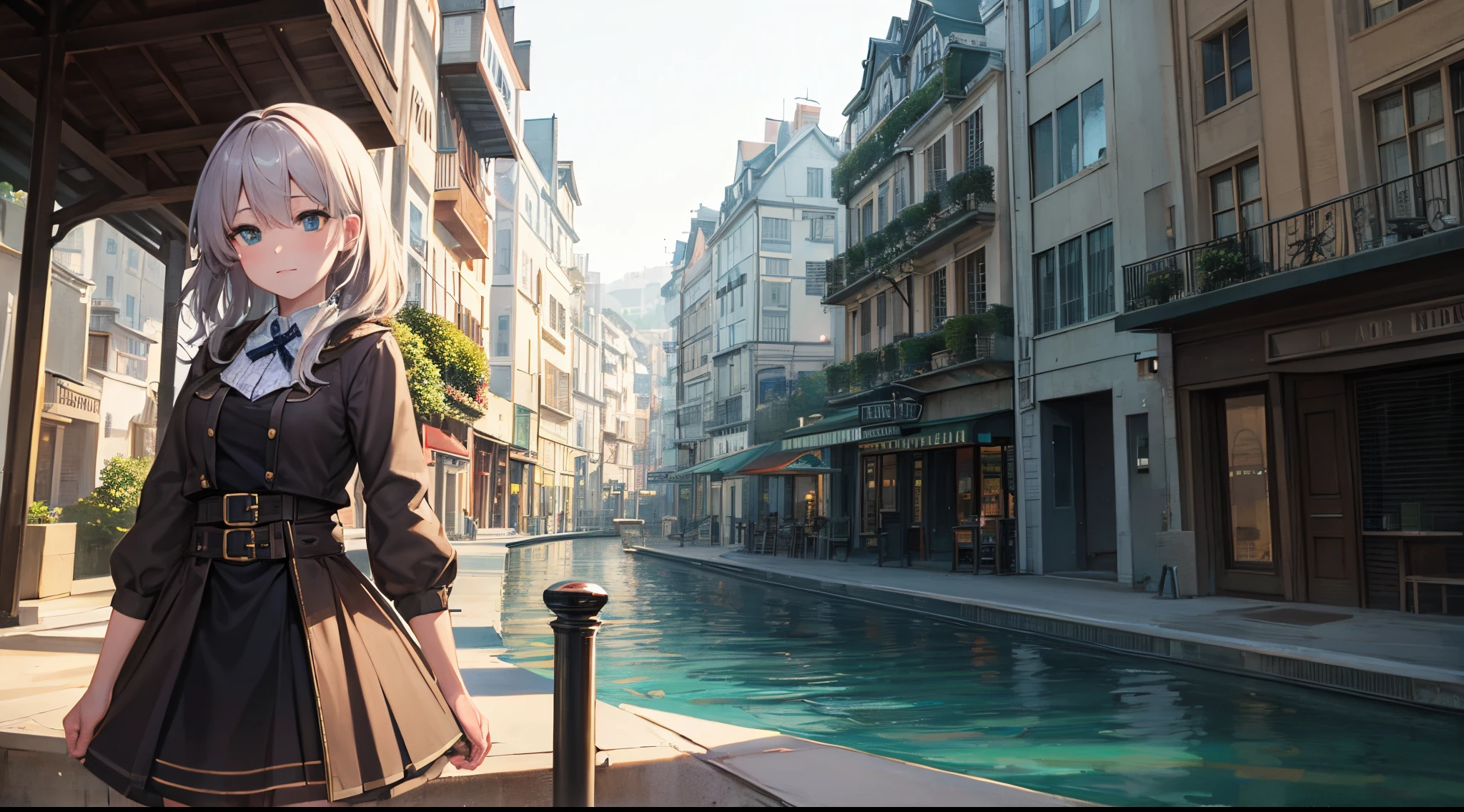 add this word CineHaven to a high resolution image of a city with a beautiful girl with green eyes on the left side of the image