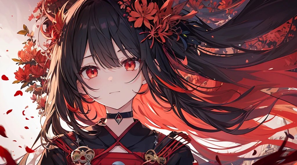 (extremely detailed CG unity 8k wallpaper), (((ultra-detailed))), ((extremely detailed)), (((best illustration))), best illumination, ((extremely delicate and beautiful)), ((an extremely delicate and beautiful girl)), colorful, lycoris radiata, (manjusaka:1.1), red flower field, (((colorful flowers))), ((1 girl, solo)), {{finely detailed beautiful eyes and detailed face}}, sad expression, sad smile, long hair, (((black hair))), red eyes, beautiful detailed eyes, mature female, gentle, slender, medium breast, black red fox ears, (black red fox tail), (((intricate details))), (Black and red knee-length kimono dress), medium height black boots, ((black choker with red pendent)), manjusaka/lycoris radiata birthmark on the neck, sitting, bishoujo, 19_years_old