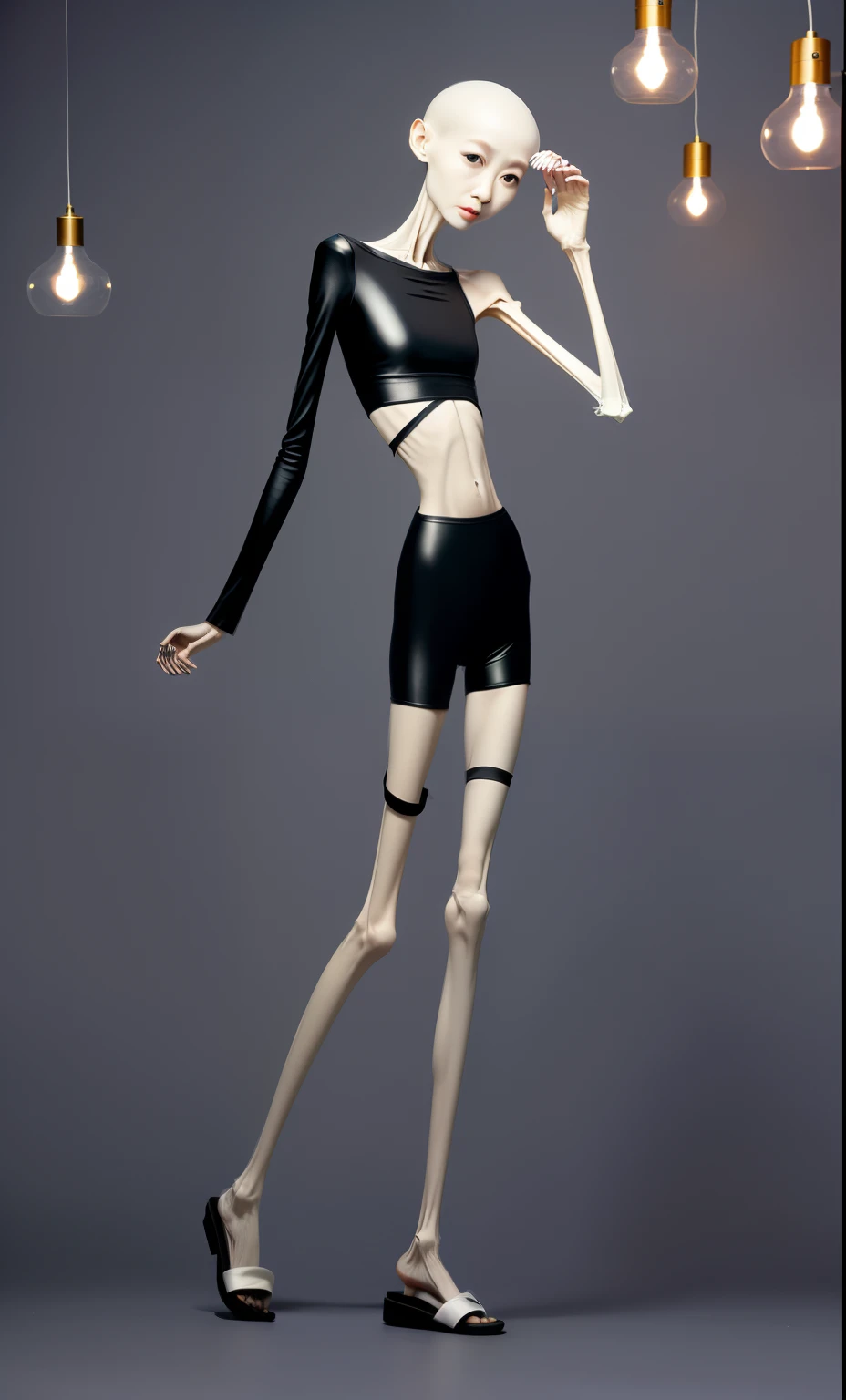 very thin adult woman,A thin body,Protruding sternum,The waist is very thin,The ribs are noticeable,Protruding ribs,The pelvic protrusion is very obvious,Pelvic width,Legs are just skin and bones,White skin of the,thin shoulde,The waist is very thin,Sunken abdomen,Delicate arms,arm muscle atrophy,hunger,The lower abdomen is depressed,Short hair details,Wear white leather pants,Wearing black stockings on her legs,Wear slippers,Asia face,The waist is particularly thin,angry look,Excessive weight loss,The face is sunken and thin,Severe malnutrition,hunger,Weak,anorexia