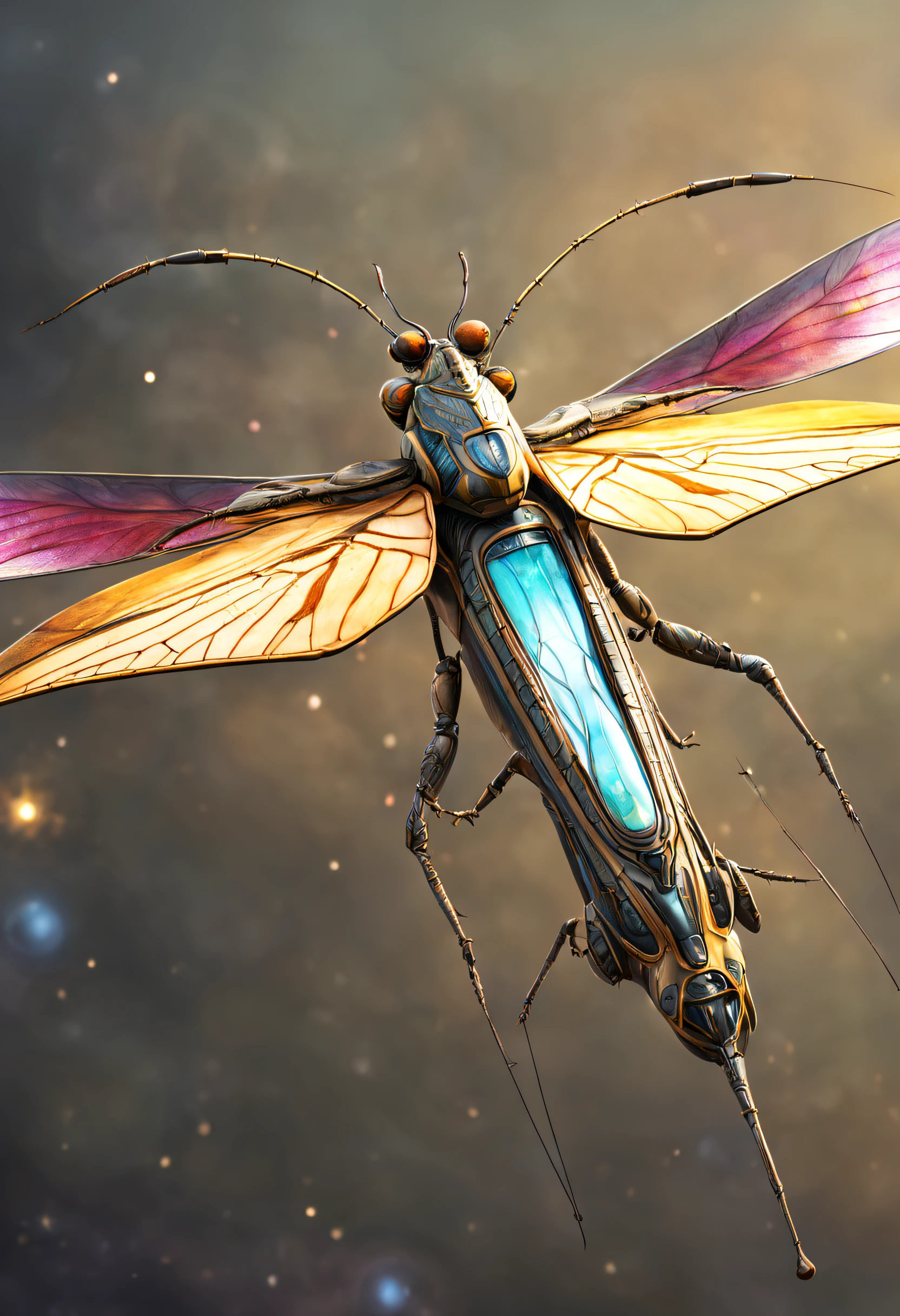 A beautifull and realistic insect ornithopter, biomecanic alien . Lot of textured and colored. a beautifull world it visible and galaxy too