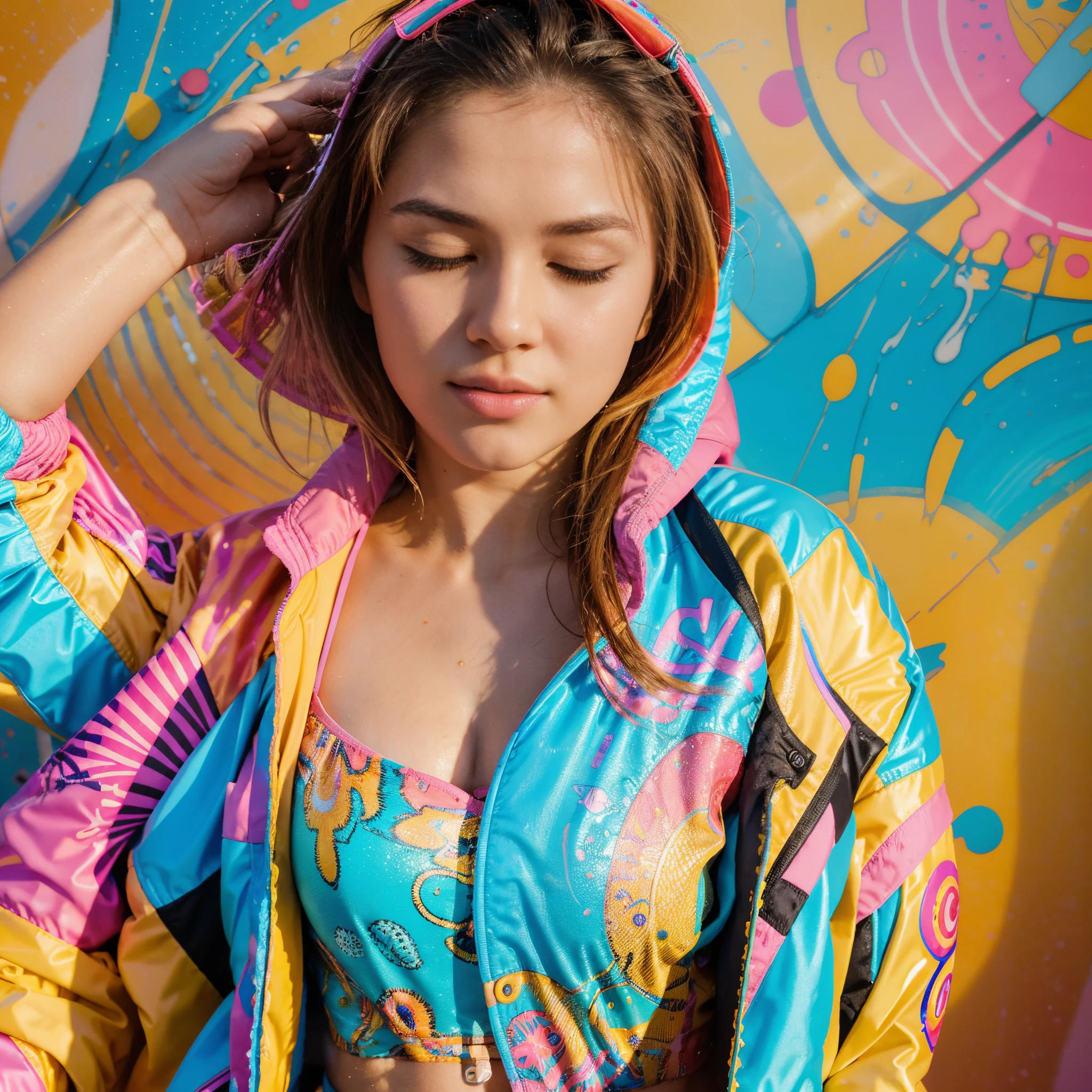 Dolphinemix 1.1masterpiece, best quality, 1 girl, eyes closed ((upper body)), splashing, abstract, psychedelic, neon, (((wearing jacket))), (honey- comb pattern), (creative: 1.3), sy3, SMM, fantasy00d, hands behind back, colourfull background, midjourney, circle