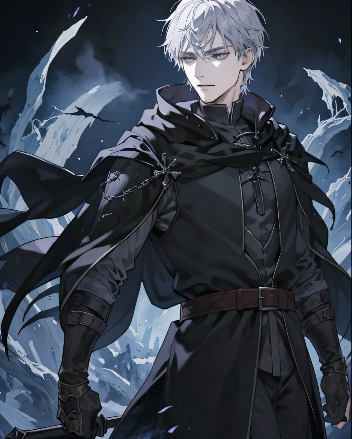 1male, medieval fantasy, beautiful, depressed, silver hair, black eyes, detailed eyes, (rogue mage, black cloak), (dark sorcerer, wielding black magic), alone in a dark forest, medieval fantasy, close up