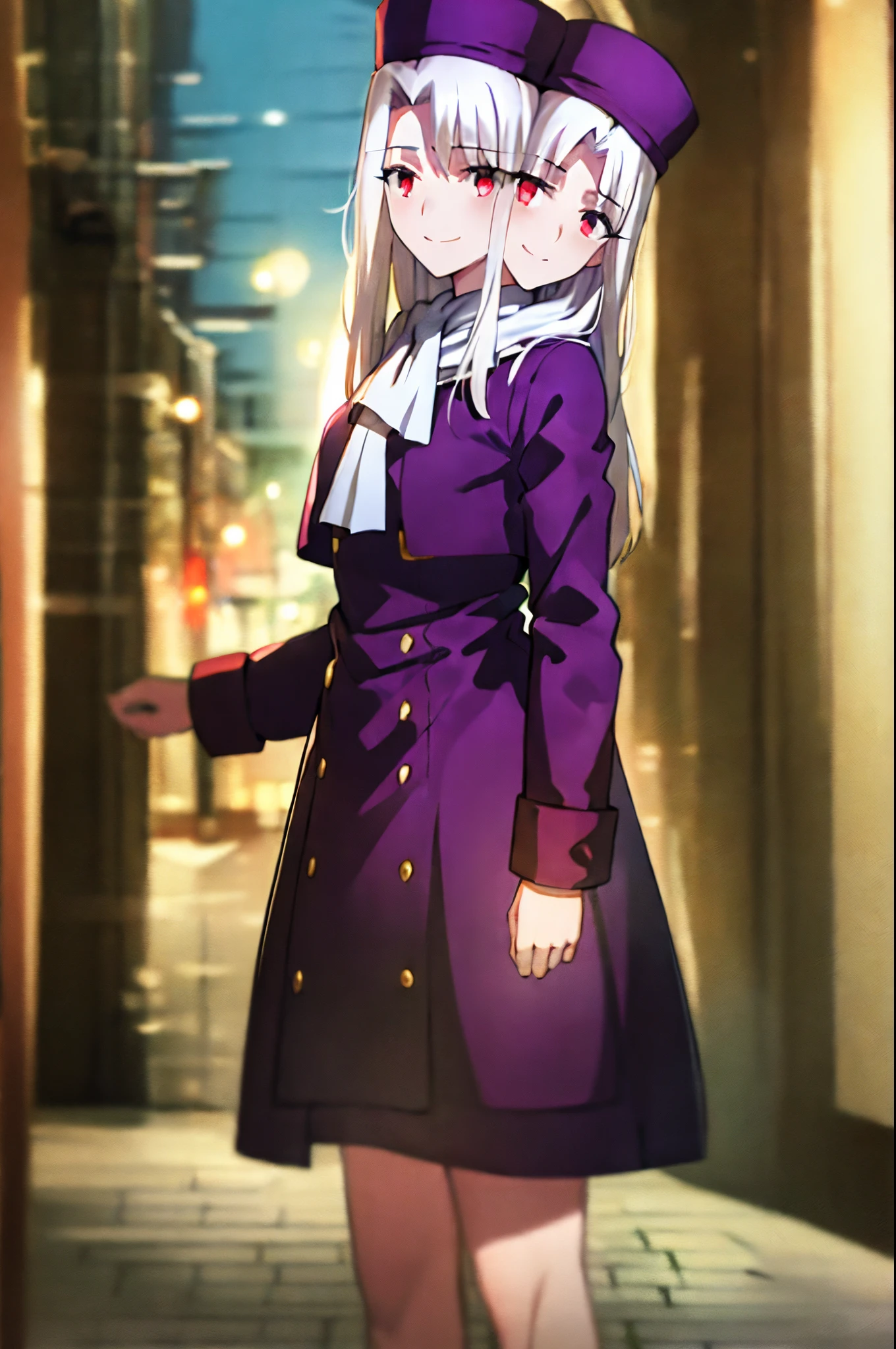 (3heads:1.6), best quality, (masterpiece:1.2), highly detailed,
fate/stay background, night, city, moon,
illyasviel von einzbern ubw,
1girl, solo, standing, looking at the viewer, closed mouth, smile,
long hair, white hair, red eyes,
purple coat, hat, white scarf