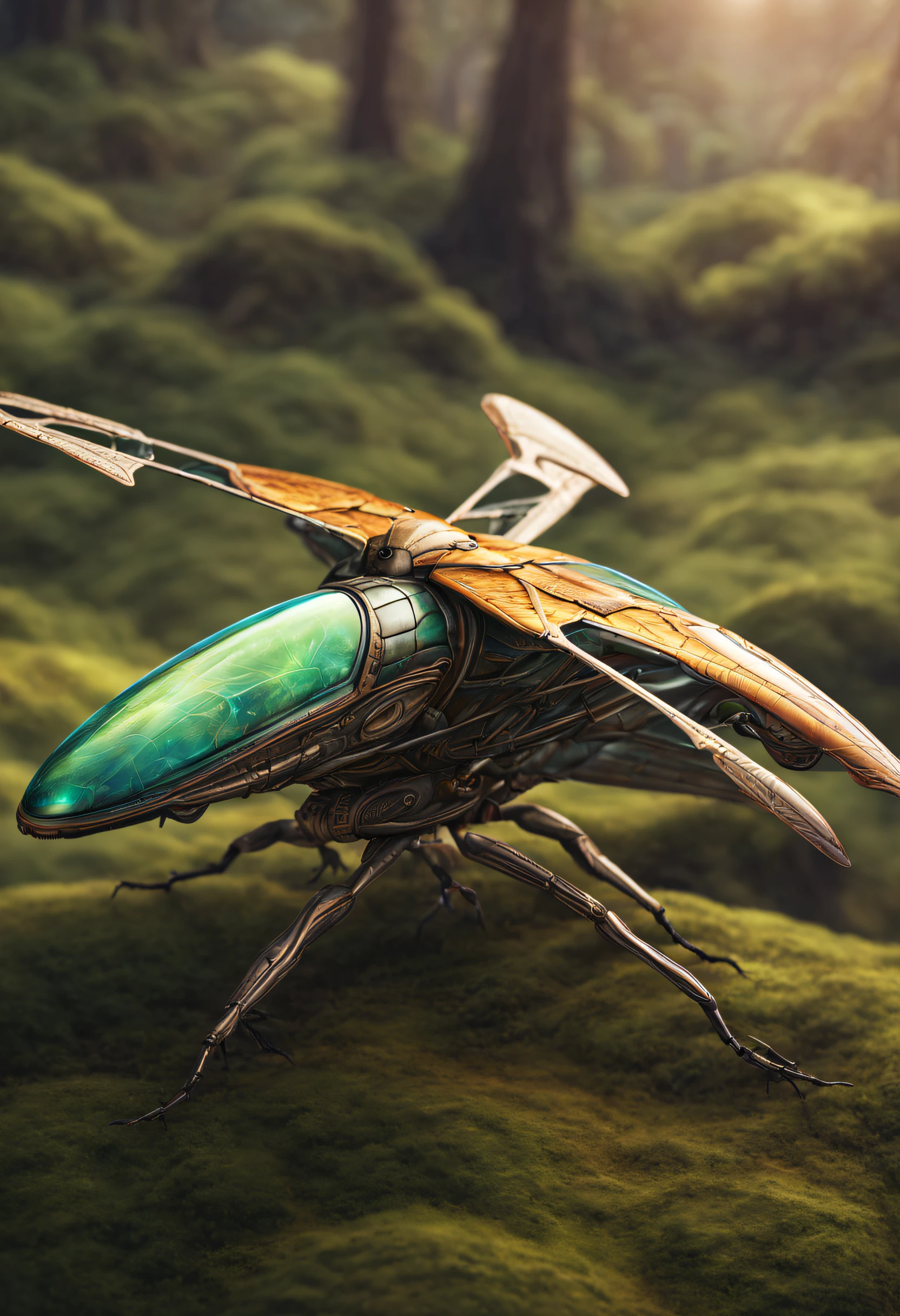 A beautifull and realistic insect ornithopter, biomecanic alien . Lot of textured and colored. a beautifull world it visible and galaxy too