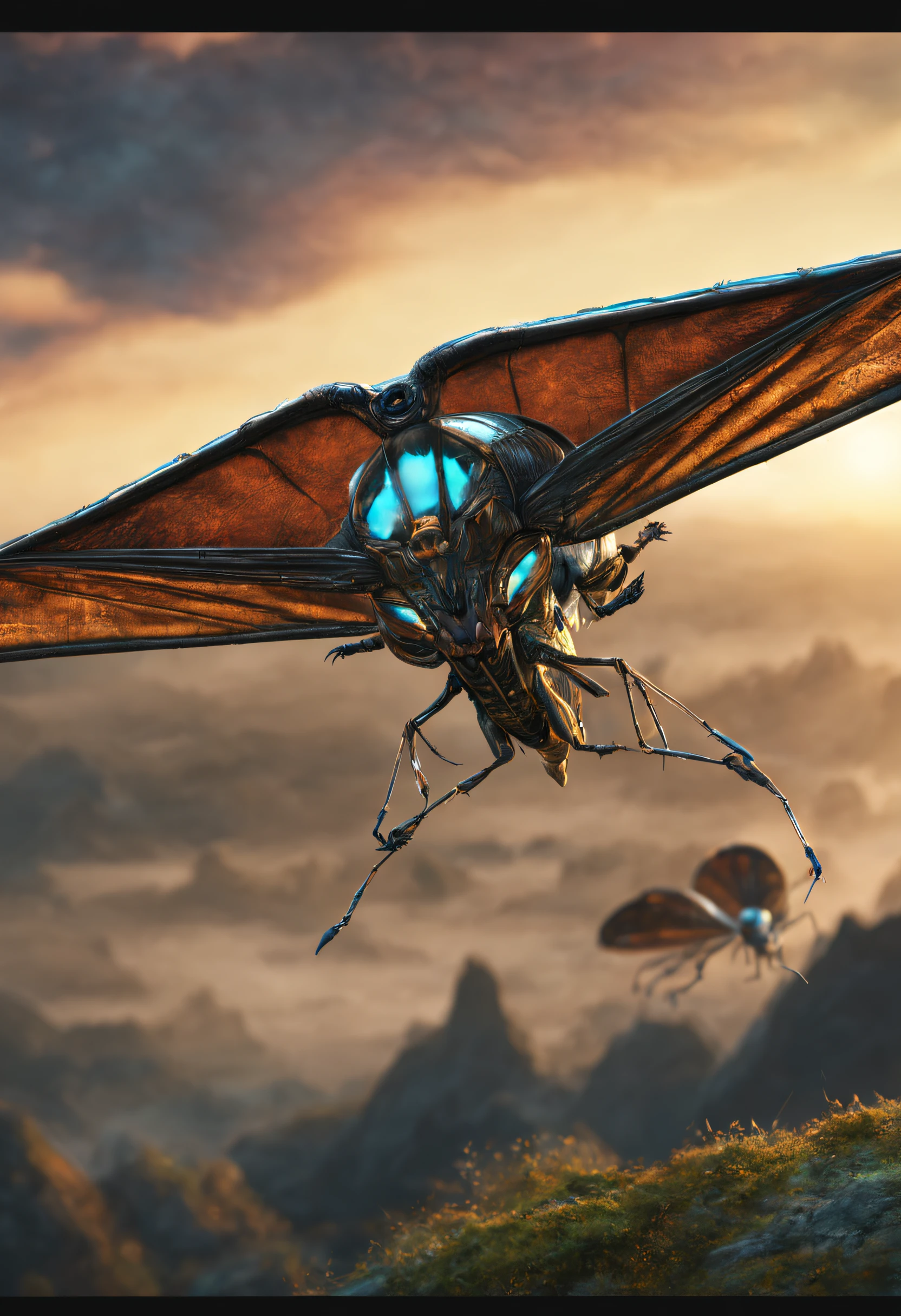 A beautifull and realistic insect ornithopter, biomecanic alien . Lot of textured and colored. a beautifull world it visible and galaxy too