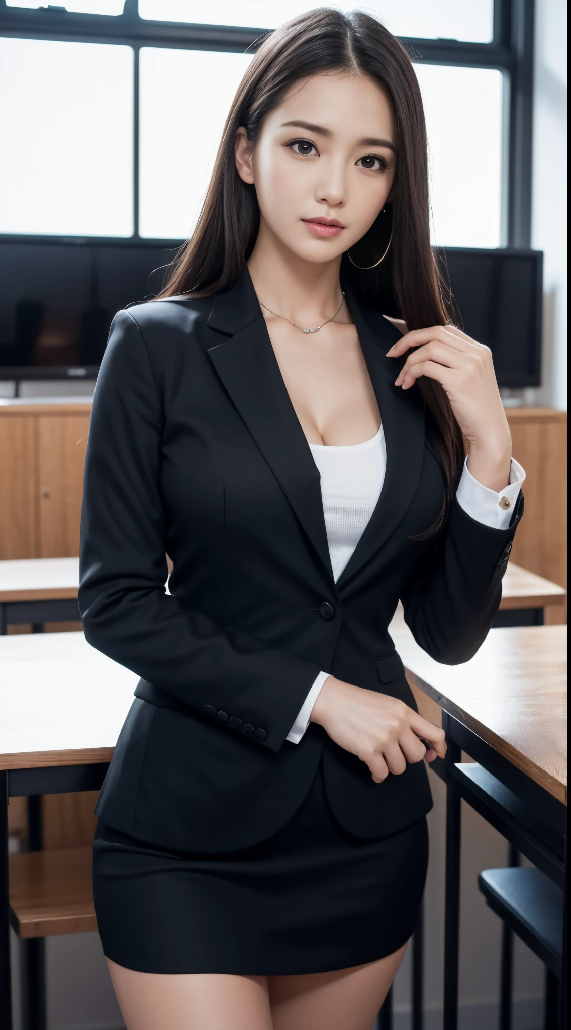 (Top Quality, 8k, 32k, Masterpiece, UHD: 1.2), 1 Girl, Beautiful Japan Woman, Thin Waist, Gray Suit, Open Jacket, Office Lady, Suit, Pants, From the Front, Office, Desk, (Protruding Butt: 1.2), Fine Face, Long Hair, Smile,