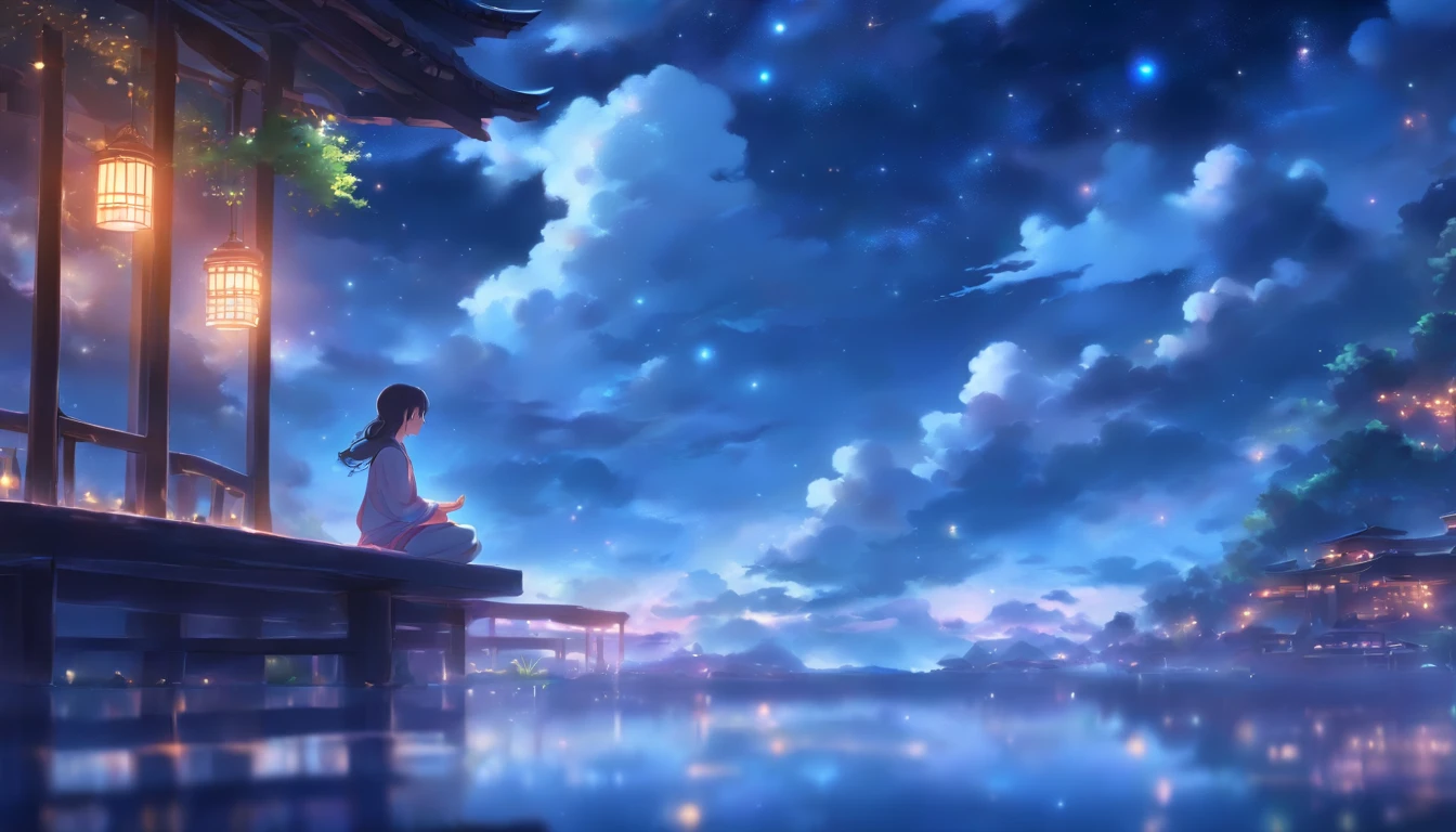 (a girl meditating near the bar in a cloudy night sky),illustration,oil painting,highly detailed,ultra-fine painting,charming girl with closed eyes,sitting peacefully,bathed in soft moonlight,mysterious atmosphere,dark and dreamy,meditative quietness,vivid colors,delicately painted clouds and stars,calming and serene scenery.