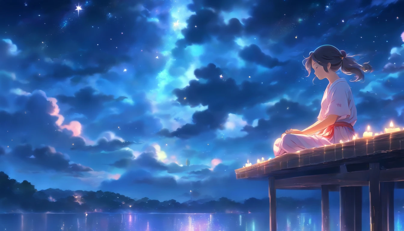 (a girl meditating near the bar in a cloudy night sky),illustration,oil painting,highly detailed,ultra-fine painting,charming girl with closed eyes,sitting peacefully,bathed in soft moonlight,mysterious atmosphere,dark and dreamy,meditative quietness,vivid colors,delicately painted clouds and stars,calming and serene scenery.