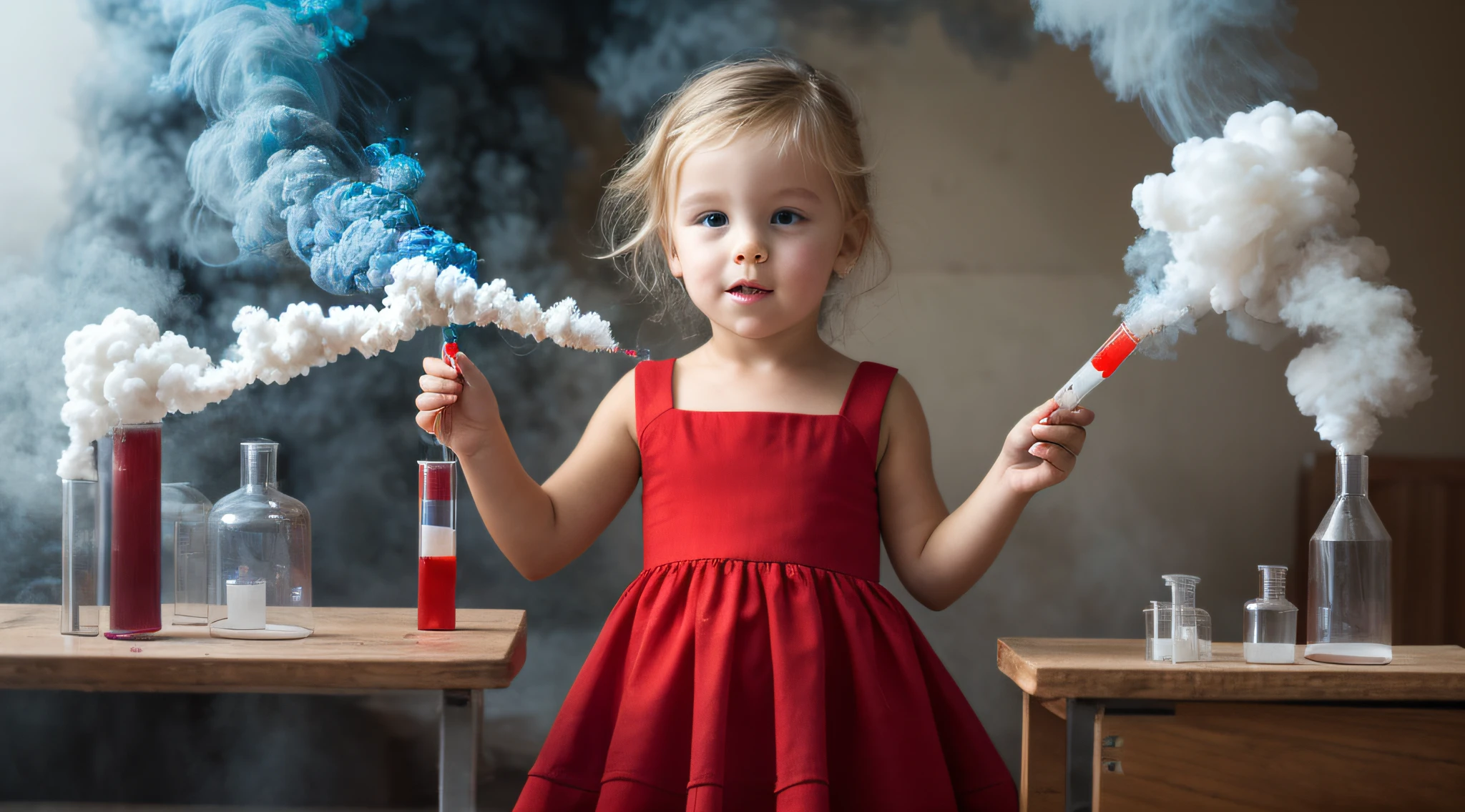 photo of a BLONDE CHILD KIDS in a red dress holding COLORED TEST TUBES WITH SMOKE FROM SCIENCE LABORATORY.