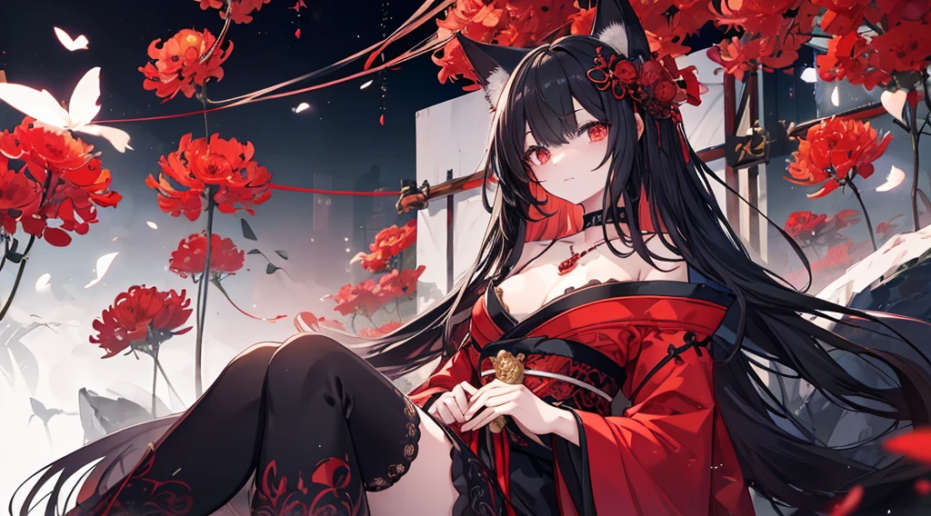 (extremely detailed CG unity 8k wallpaper), (((ultra-detailed))), ((extremely detailed)), (((best illustration))), best illumination, ((extremely delicate and beautiful)), ((an extremely delicate and beautiful girl)), colorful, lycoris radiata, (manjusaka:1.1), red flower field, (((colorful flowers))), ((1 girl, solo)), {{finely detailed beautiful eyes and detailed face}}, sad expression, sad smile, long hair, (((black hair))), red eyes, beautiful detailed eyes, mature female, gentle, slender, medium breast, black red fox ears, (black red fox tail), (((intricate details))), (Black and red knee-length kimono dress), medium height black boots, ((black choker with red pendent)), manjusaka/lycoris radiata birthmark on the neck, sitting, bishoujo, 19_years_old