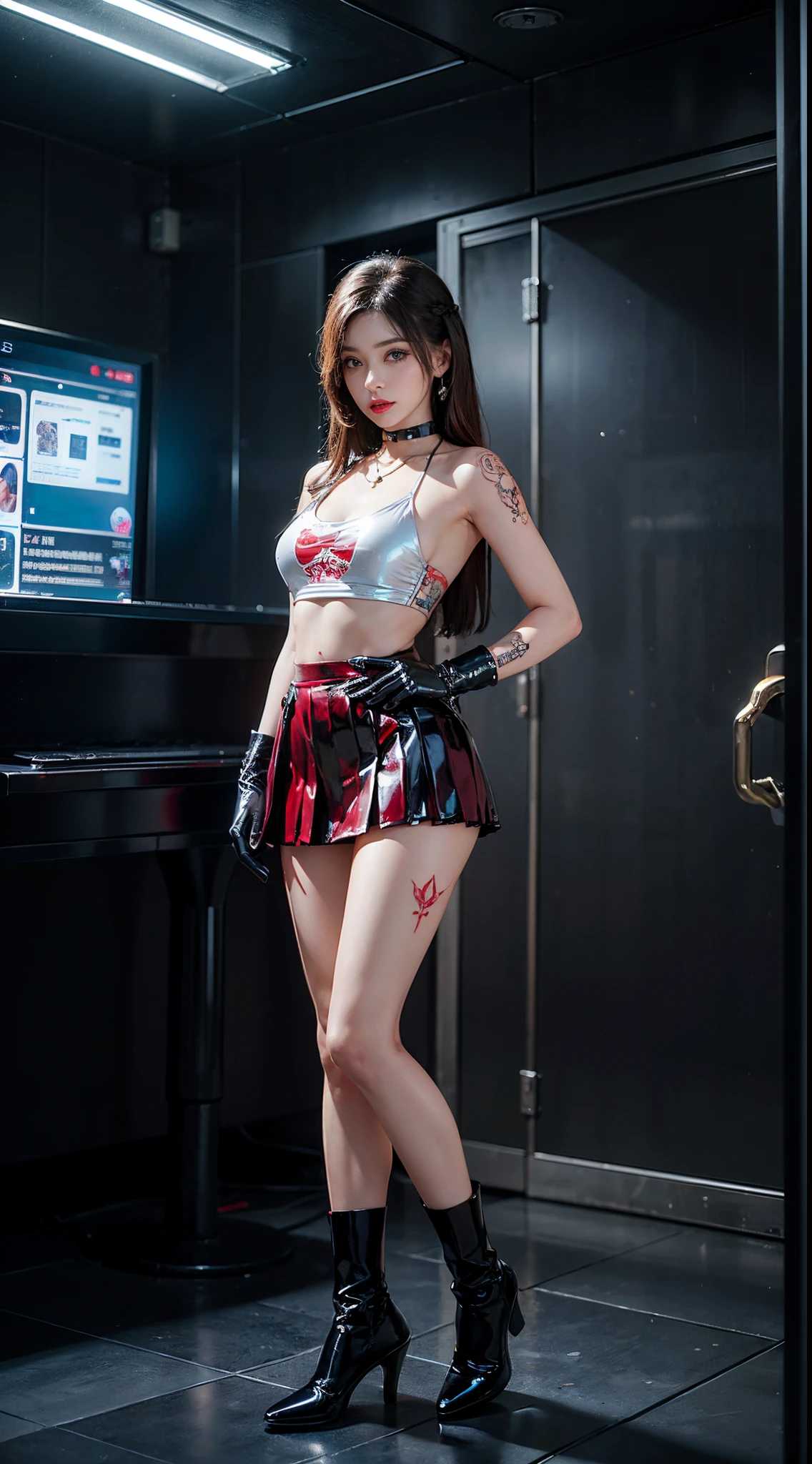 ((​masterpiece:1.4)、(top-quality:1.4)、(reallistic:1.7))、masuter piece:1.4、(Top-of-the-line rendering:1.4)、(Female SWAT member of the 73rd Division of the Space Federation:1.4)、Super Beautiful Investigator、(hold a gun:1.2)、Body Fit Sexy Uniform、(Glossy luxury latex:1.4)、(Navy blue sleeveless uniform jacket)、(Underwear White Sexy Super Ultra Bikini)、(Luxury Red Latex:1.4)、(Red pleated mini skirt:1.4)、22year old、(Cute tattoos:1.4)、(Wearing white gloves)、Kawaii Girl、Super beauty、foco nítido、Portrait photos、(Perfect female body:1.4)、perfectly proportions、Full body shooting:1.4、美丽的面容、Fearless look、beautidful eyes、Narrow waist、beauty legs、(length hair:1.2)、Beautiful udder、large full breasts:1.2、Sexy ass、(Standing facing the front:1.4)、Raw photo、red-lips、Red high heels:1.4、a choker:1.4、a necklace:1.4、耳环:1.4、1 screen display、Beautiful night view of Cyberpunk City:1.2