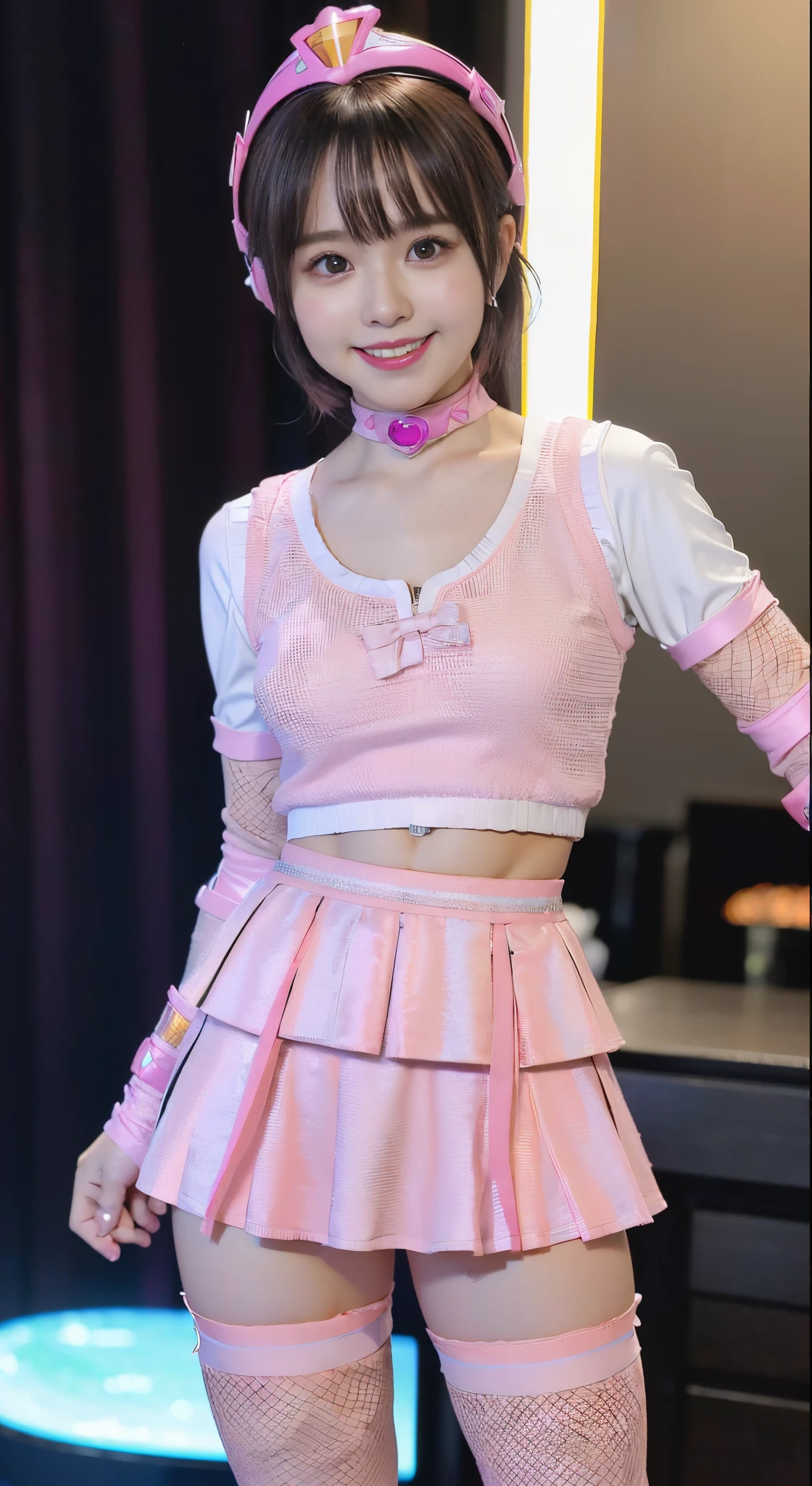 a closeup, ​masterpiece, top-quality, FULL ANATOMY、Raw foto, Photorealsitic、(Cute little face:1.6)、(Very cute smile:1.7)、(with round face:1.8)、(She has a cute face like an idol:1.5), A dark-haired、(Tokusatsu Pink、Pink Ranger:1.8), depth of fields, hight resolution, ultra-detailliert, finely detail, ighly detailed, extremely detailed eye and face, Realistic pupils, foco nítido, Cinematic lighting、20-year-old woman、(One lady、独奏)、bob cuts、Curly hair、Very detailed 8k wallpaper、(very very short skirt、Panties are visible from the skirt:1.7)、Show me your whole body、(Plump panties:1.3)、Cute panties in light colors、White Sox、is standing、Angle from below、(Thigh close-up、fishnet tights:1.3)、(Nice figure、big breasts thin waist、Kubire、Clothes with emphasized chest bulge、Colossal tits:1.4)、depth of fields、Bokeh in the background