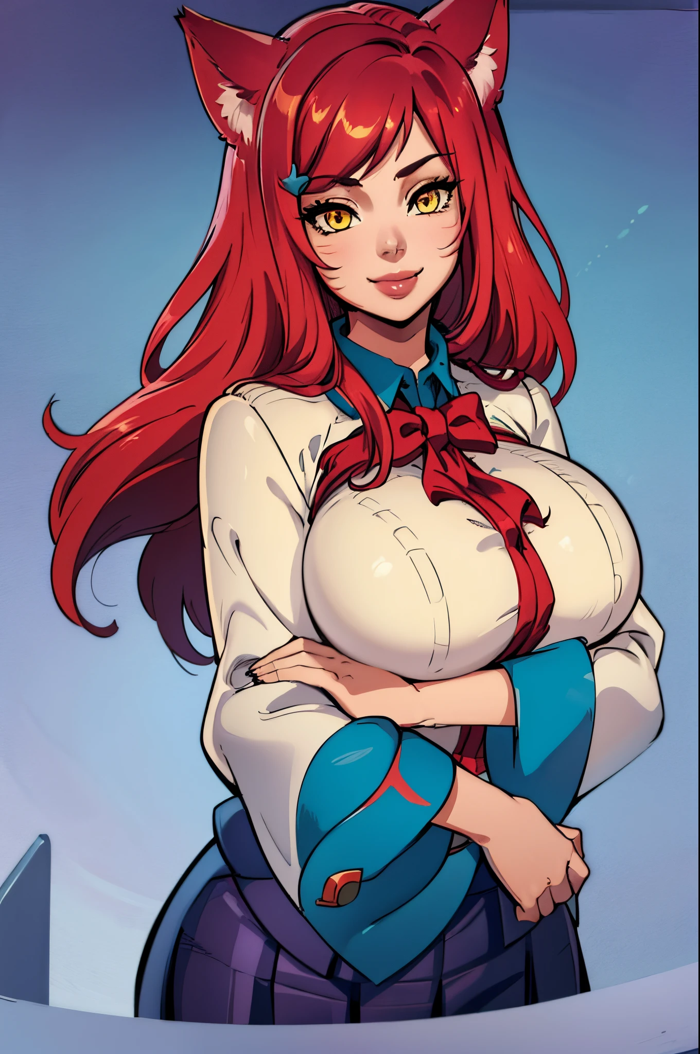 (masterpiece, official art), 1girls, solo, shortstackBT, shortstack, thick, curvy, curvaceous, red hair, yellow eyes, long hair, ahri, incrsAhri, fox ears, (school uniform, skirt, thighhighs), (closeup), portrait, (huge breasts), standing, view from front, simple background, looking at viewer, (upper body), smile, seductive, alluring attire