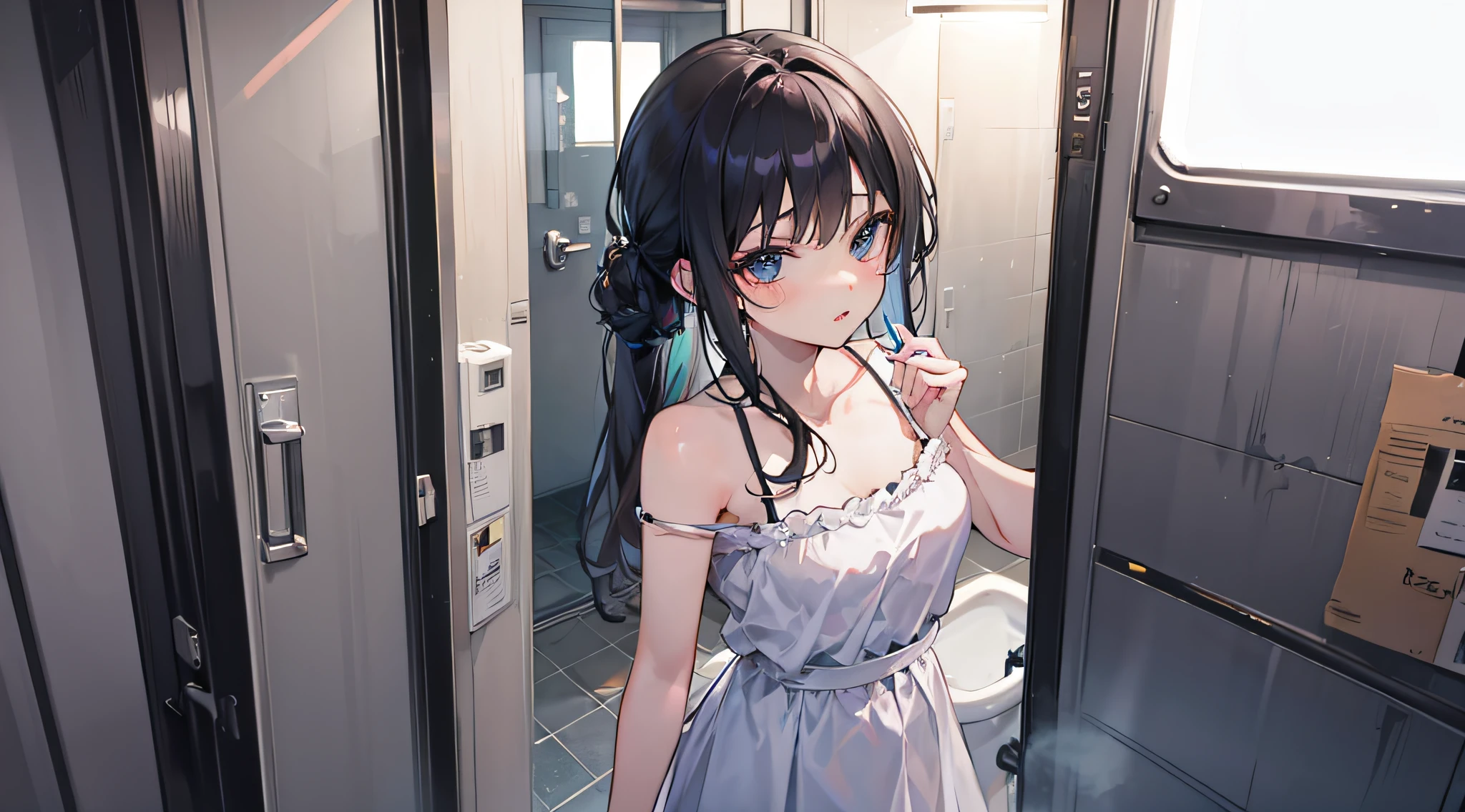 Beautiful woman、Draw a scene of Misaki standing in front of the bathroom mirror.。Misaki is wearing a transparent dress with a light mist-like texture.。The dress symbolized her loneliness.、It gives a heavy yet ephemeral feeling.。Her expression is sad and introspective.、I'm looking at myself in the mirror。The background is a simple and contemporary bathroom.、The soft morning light shines in、There's a little bit of steam。The cityscape is faintly reflected in the mirror.。