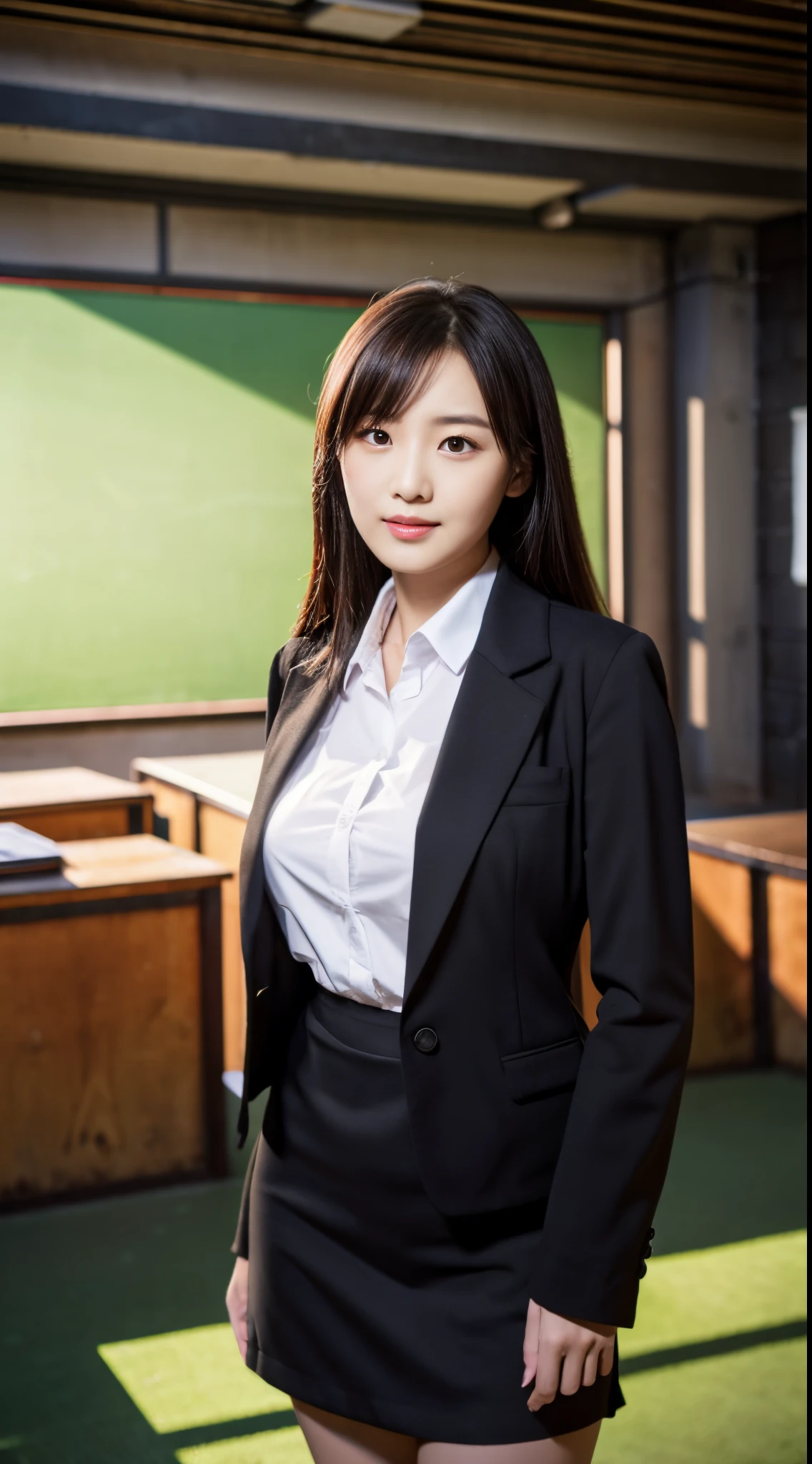 4k,8k,16k,32k, high-resolution ,realistic, photorealistic, RAW photo,ultra realistic photo ,Best Quality, High Quality, Face Focus ,Symmetrical face, 1Girl ,30 years old ,enormous breasts, Woman's business black Suit ,black business black tight skirt,frontage,full body shot,(classroom:1.5), Sony